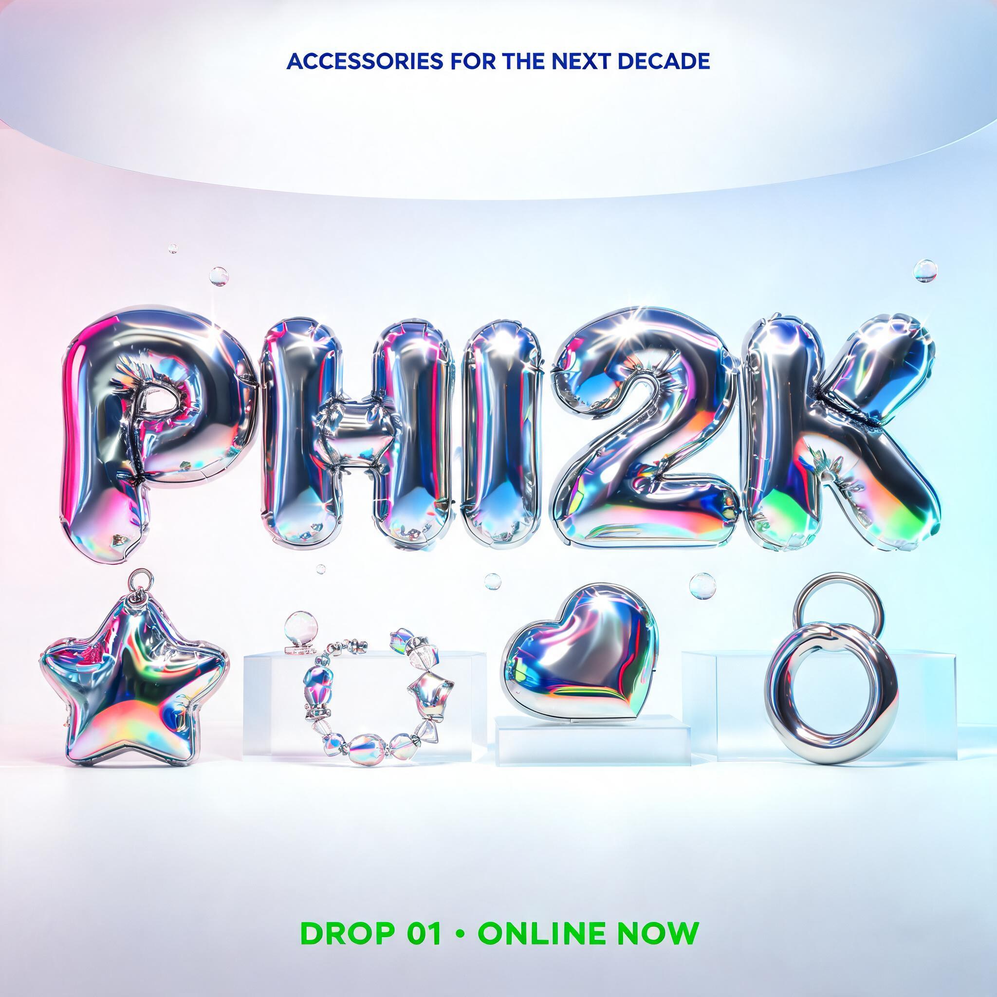 "PHI2K
ACCESSORIES FOR THE NEXT DECADE
DROP 01 · ONLINE NOW" — Y2k Chrome | AI Text Effect Generator