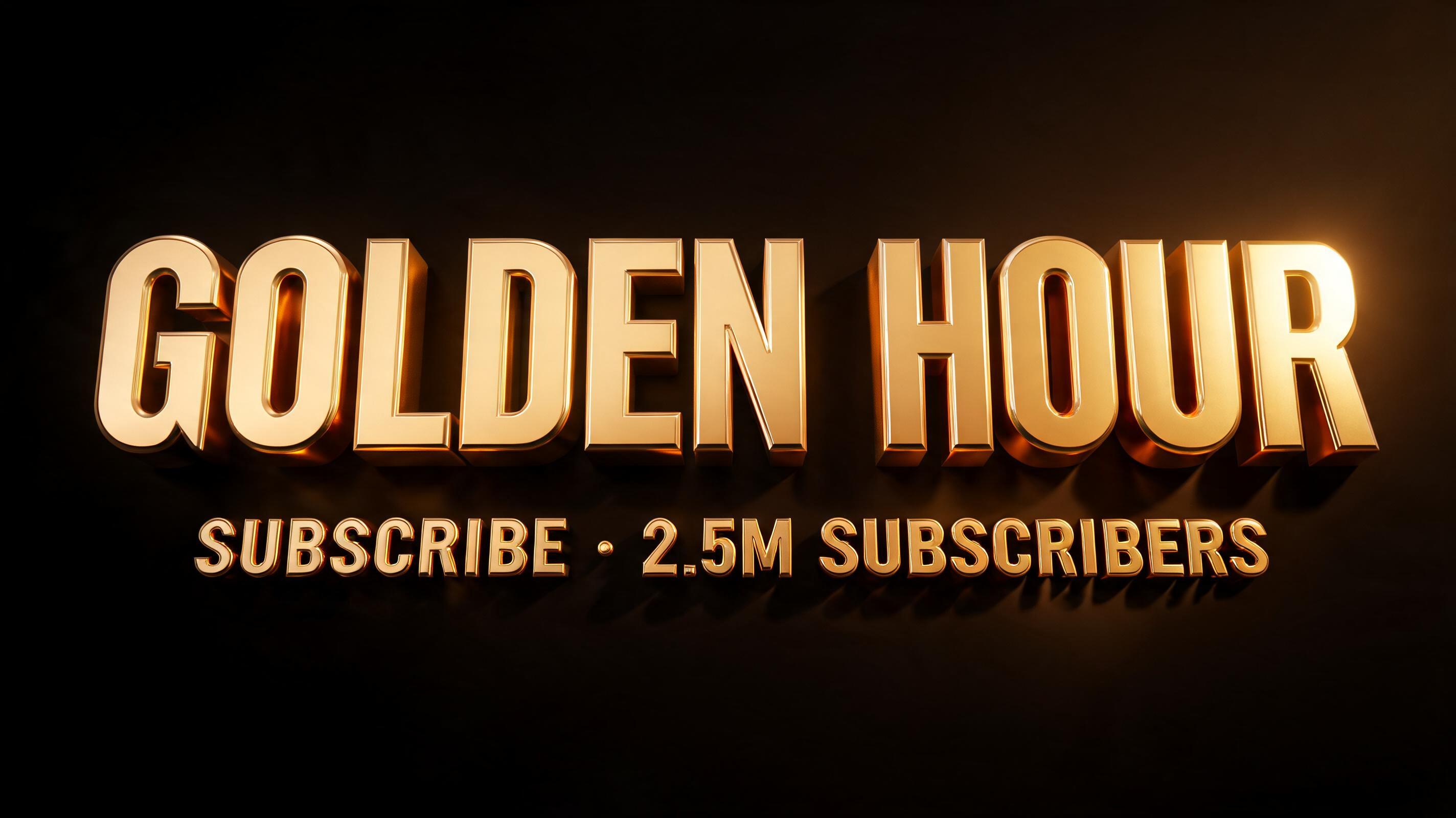 "GOLDEN HOUR
SUBSCRIBE · 2.5M SUBSCRIBERS" — 3d Bold Gold | AI Text Effect Generator