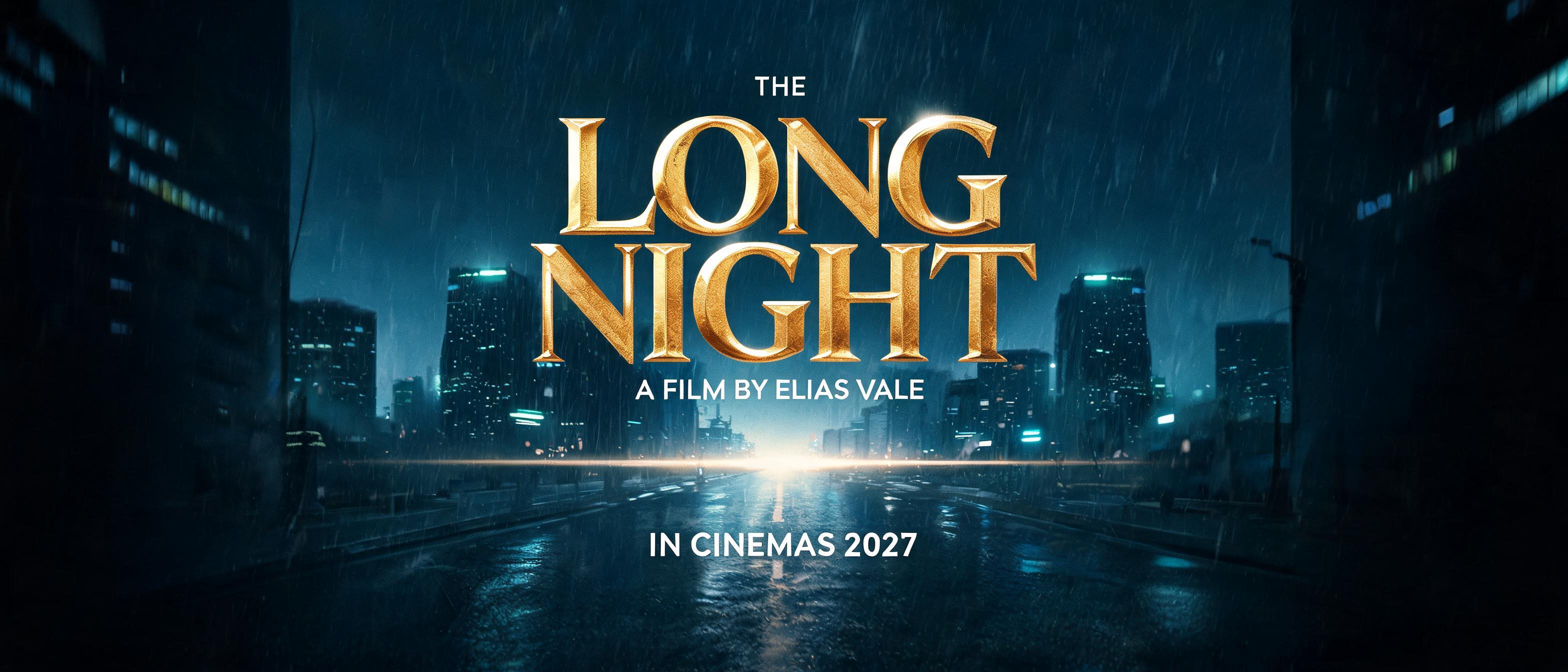 "THE
LONG NIGHT
A FILM BY ELIAS VALE
IN CINEMAS 2027" — Cinematic text effect