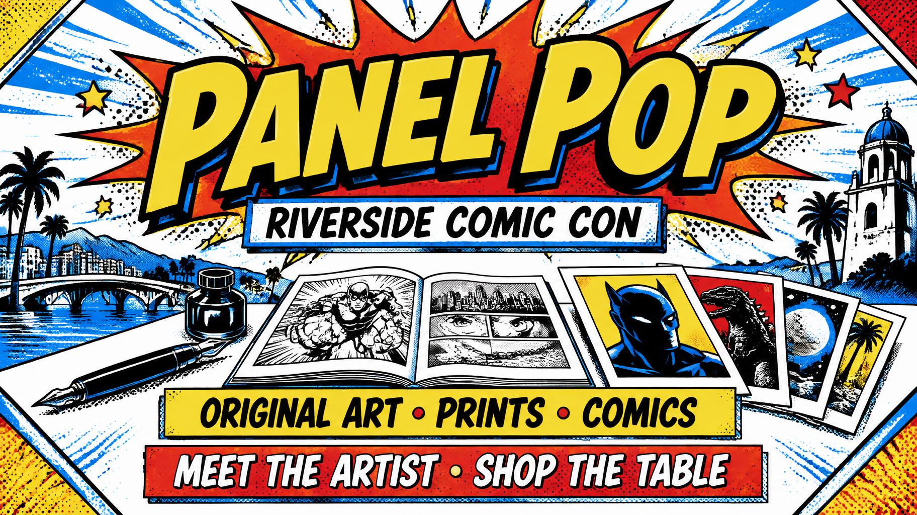 "PANEL POP
RIVERSIDE COMIC CON
ORIGINAL ART • PRINTS • COMICS
MEET THE ARTIST • SHOP THE TABLE" — Comic Book | AI Text Effect Generator