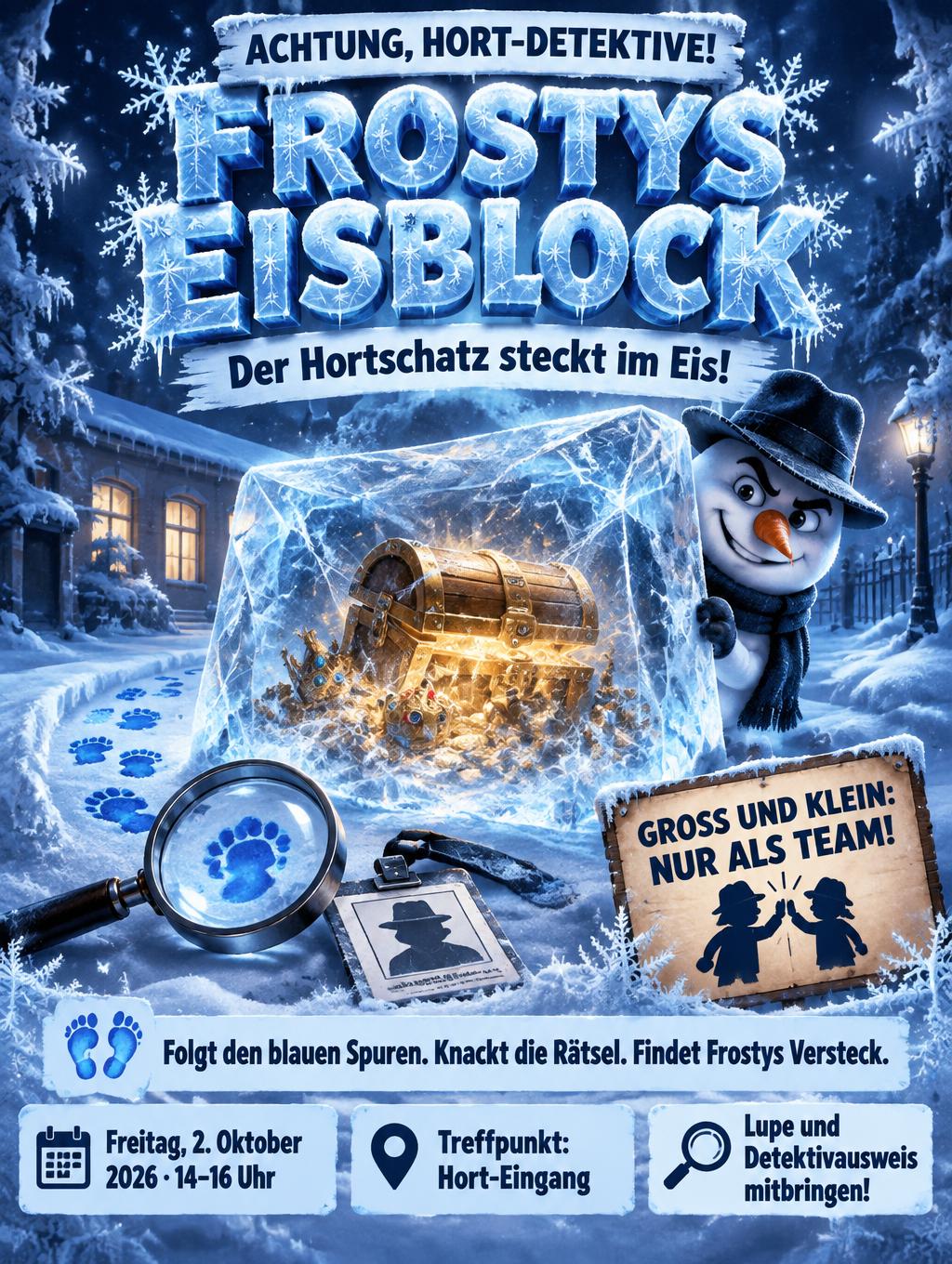 "FROSTYS EISBLOCK
Der Hortschatz steckt im Eis!
Folgt den blauen Spuren. Knackt die Rätsel. Findet Frostys Versteck.
GROSS UND KLEIN: NUR ALS TEAM!
Freitag, 2. Oktober 2026 · 14–16 Uhr
Treffpunkt: Hort-Eingang
Lupe und Detektivausweis mitbringen!
ACHTUNG, HORT-DETEKTIVE!" —  | AI Text Effect Generator