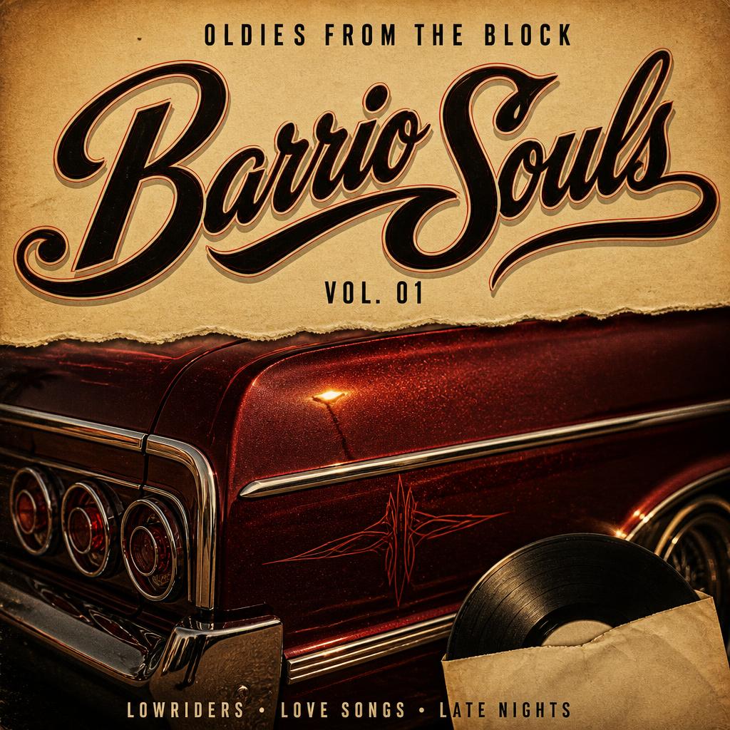 "Barrio Souls
OLDIES FROM THE BLOCK
VOL. 01
LOWRIDERS • LOVE SONGS • LATE NIGHTS" — Chicano | AI Text Effect Generator