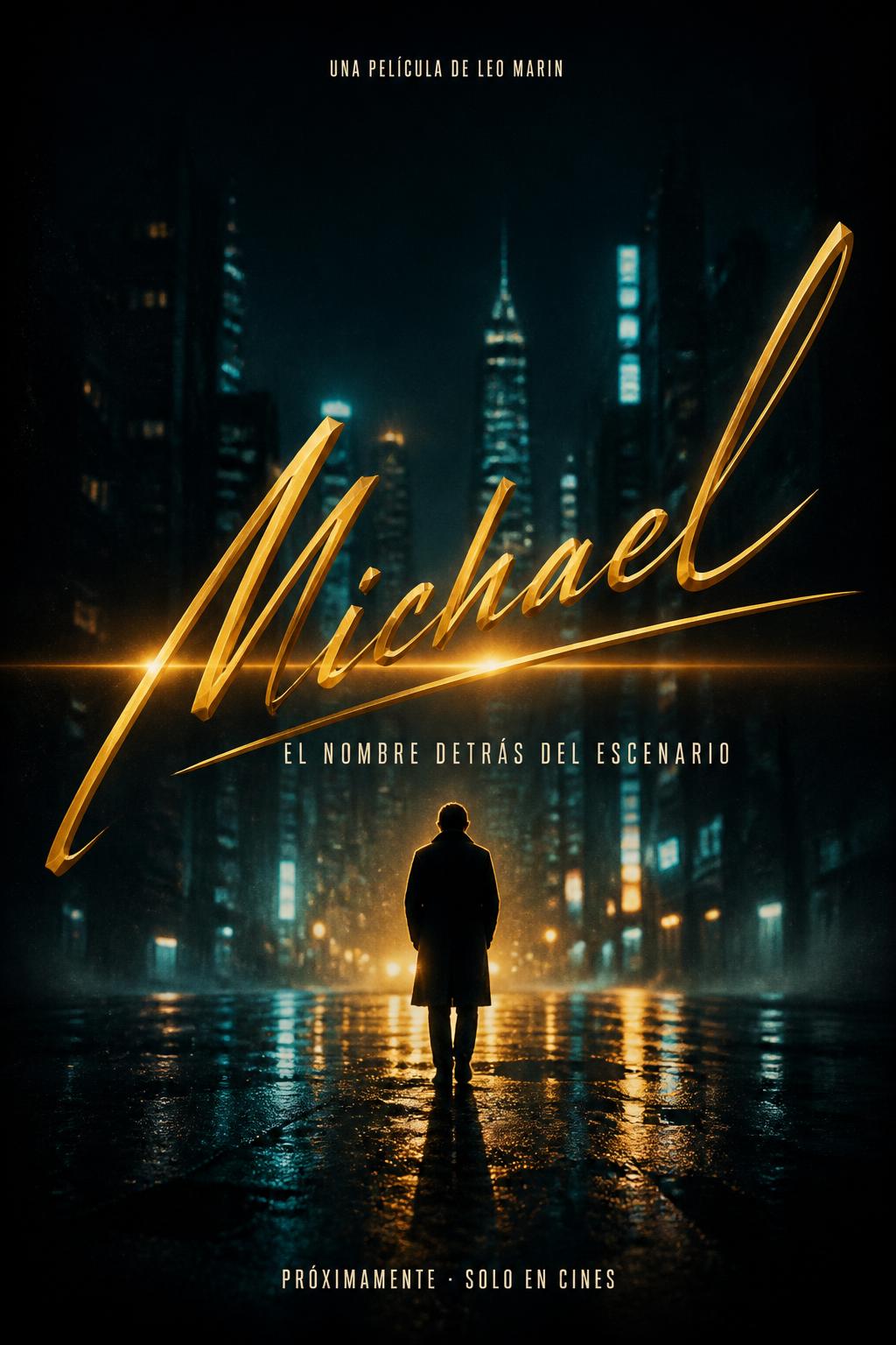 "Michael
EL NOMBRE DETRÁS DEL ESCENARIO
UNA PELÍCULA DE LEO MARIN
PRÓXIMAMENTE · SOLO EN CINES" — Cinematic | AI Text Effect Generator