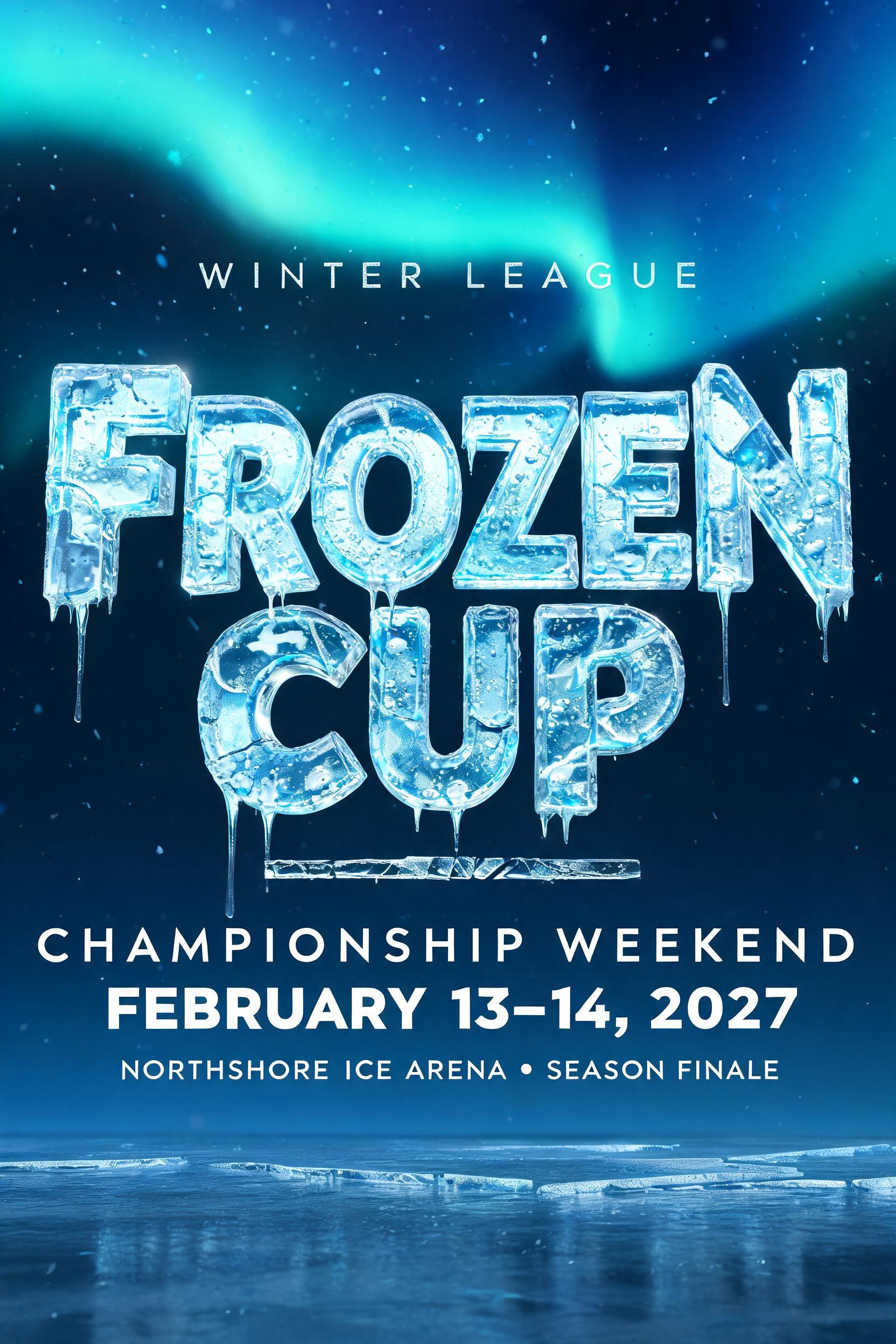 "FROZEN
CUP
WINTER LEAGUE
CHAMPIONSHIP WEEKEND
FEBRUARY 13–14, 2027
NORTHSHORE ICE ARENA · SEASON FINALE" — Glass Frozen text effect
