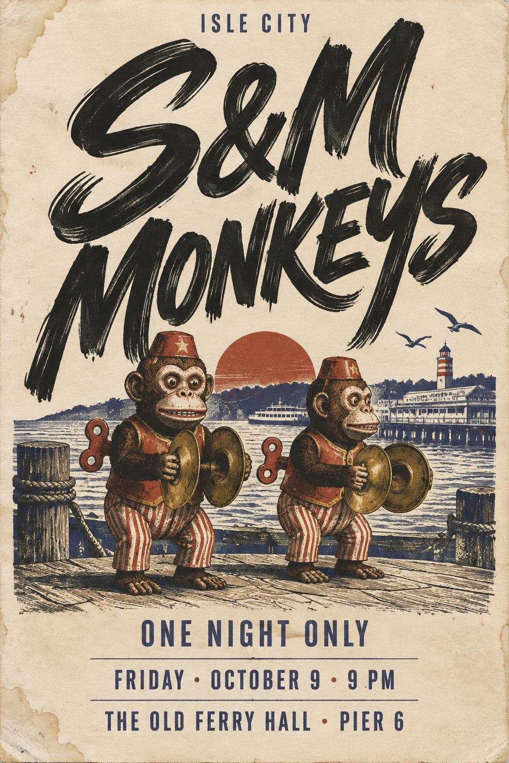 "S&M
MONKEYS
ISLE CITY
ONE NIGHT ONLY
FRIDAY · OCTOBER 9 · 9 PM
THE OLD FERRY HALL · PIER 6" — Brush Stroke | AI Text Effect Generator