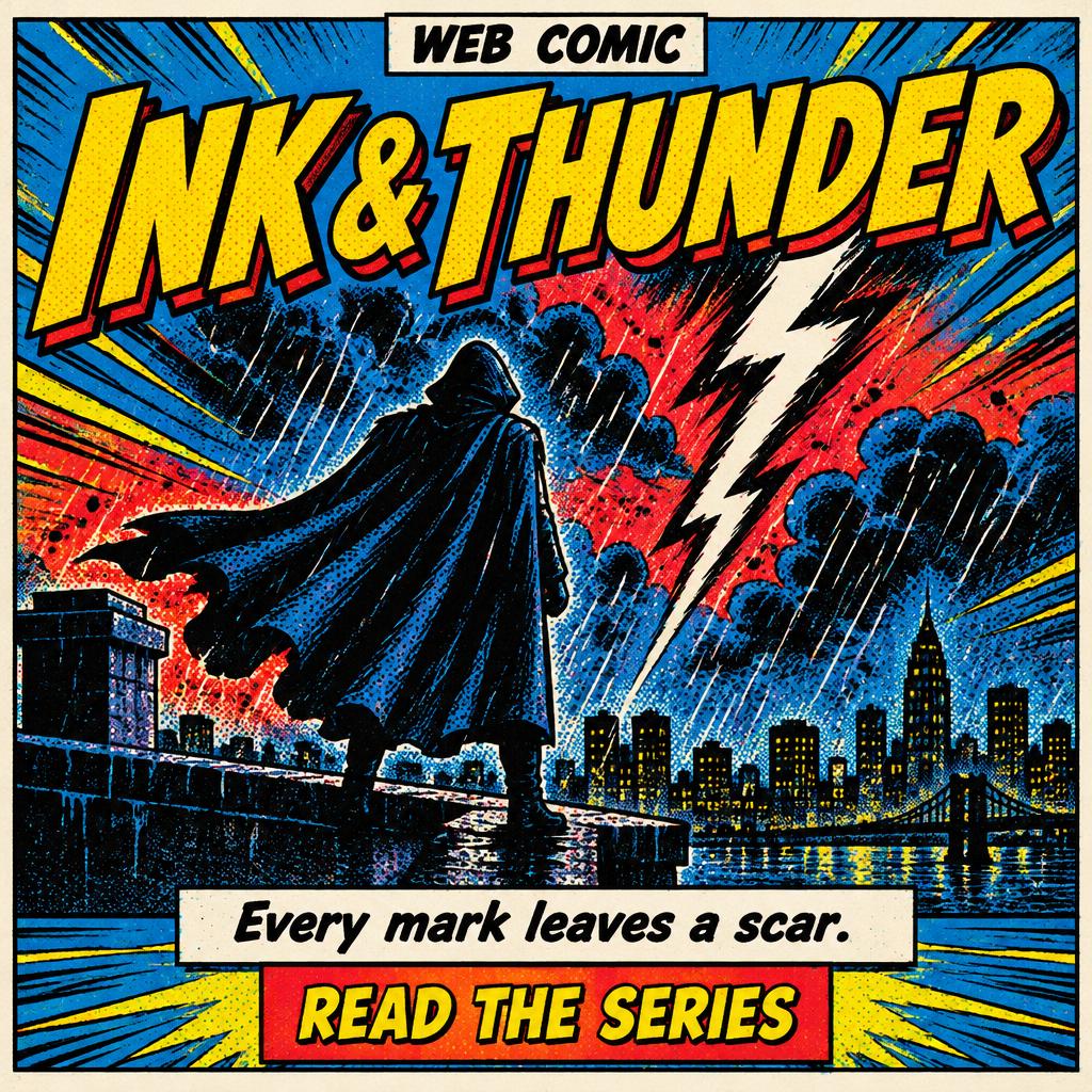 "INK & THUNDER
WEB COMIC
Every mark leaves a scar.
READ THE SERIES" — Comic Book | AI Text Effect Generator