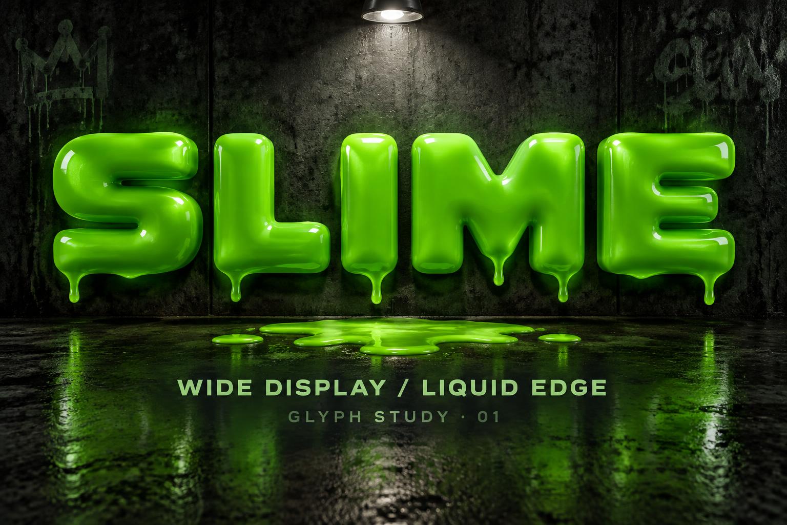 "SLIME
WIDE DISPLAY / LIQUID EDGE
GLYPH STUDY · 01" — Drip Font | AI Text Effect Generator