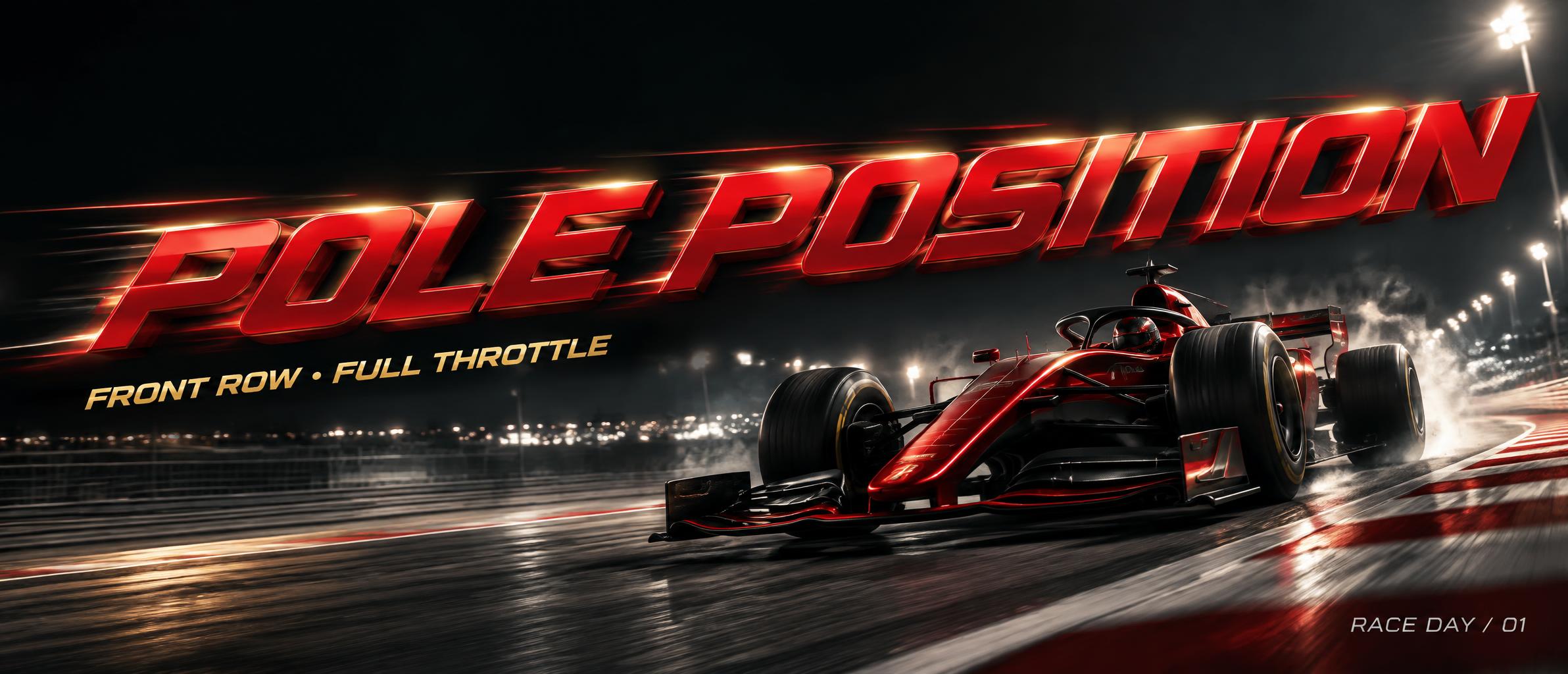 "POLE POSITION
FRONT ROW • FULL THROTTLE
RACE DAY / 01" — Racing | AI Text Effect Generator