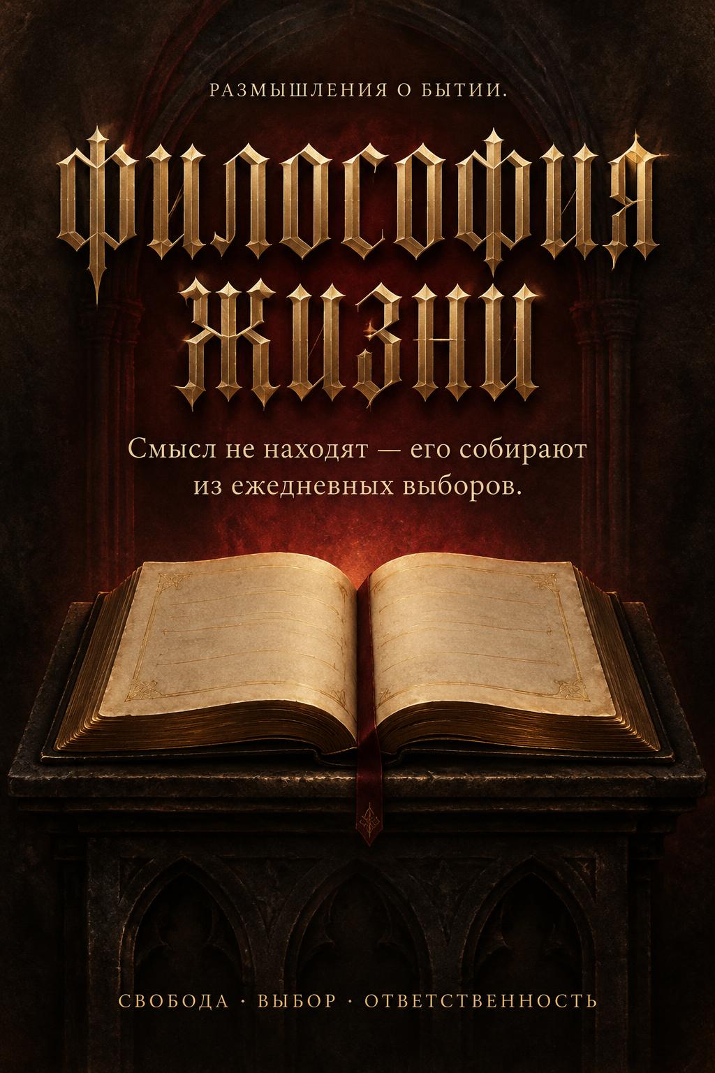 "ФИЛОСОФИЯ ЖИЗНИ
Смысл не находят — его собирают из ежедневных выборов.
РАЗМЫШЛЕНИЯ О БЫТИИ
СВОБОДА · ВЫБОР · ОТВЕТСТВЕННОСТЬ" — Gothic Font | AI Text Effect Generator