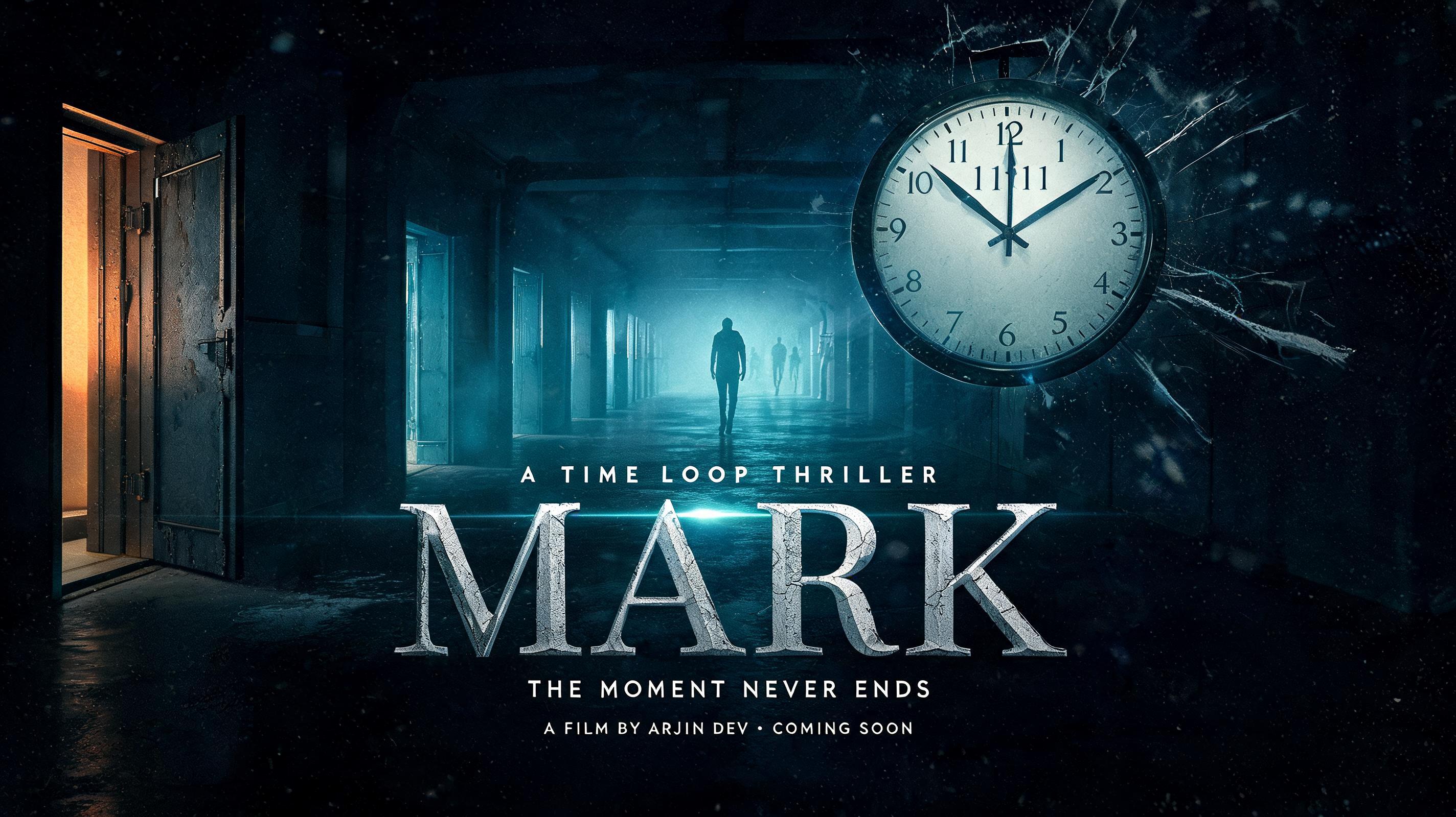 "MARK
A TIME LOOP THRILLER
THE MOMENT NEVER ENDS
A FILM BY ARJUN DEV • COMING SOON" — Cinematic Netflix | AI Text Effect Generator