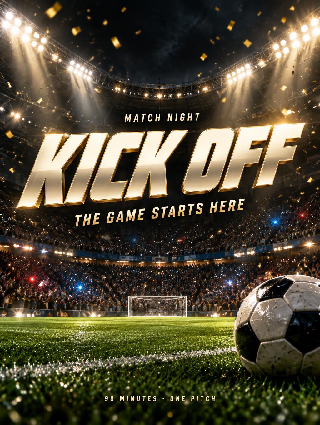 "KICK OFF
MATCH NIGHT
THE GAME STARTS HERE
90 MINUTES · ONE PITCH" — Sports Football | AI Text Effect Generator