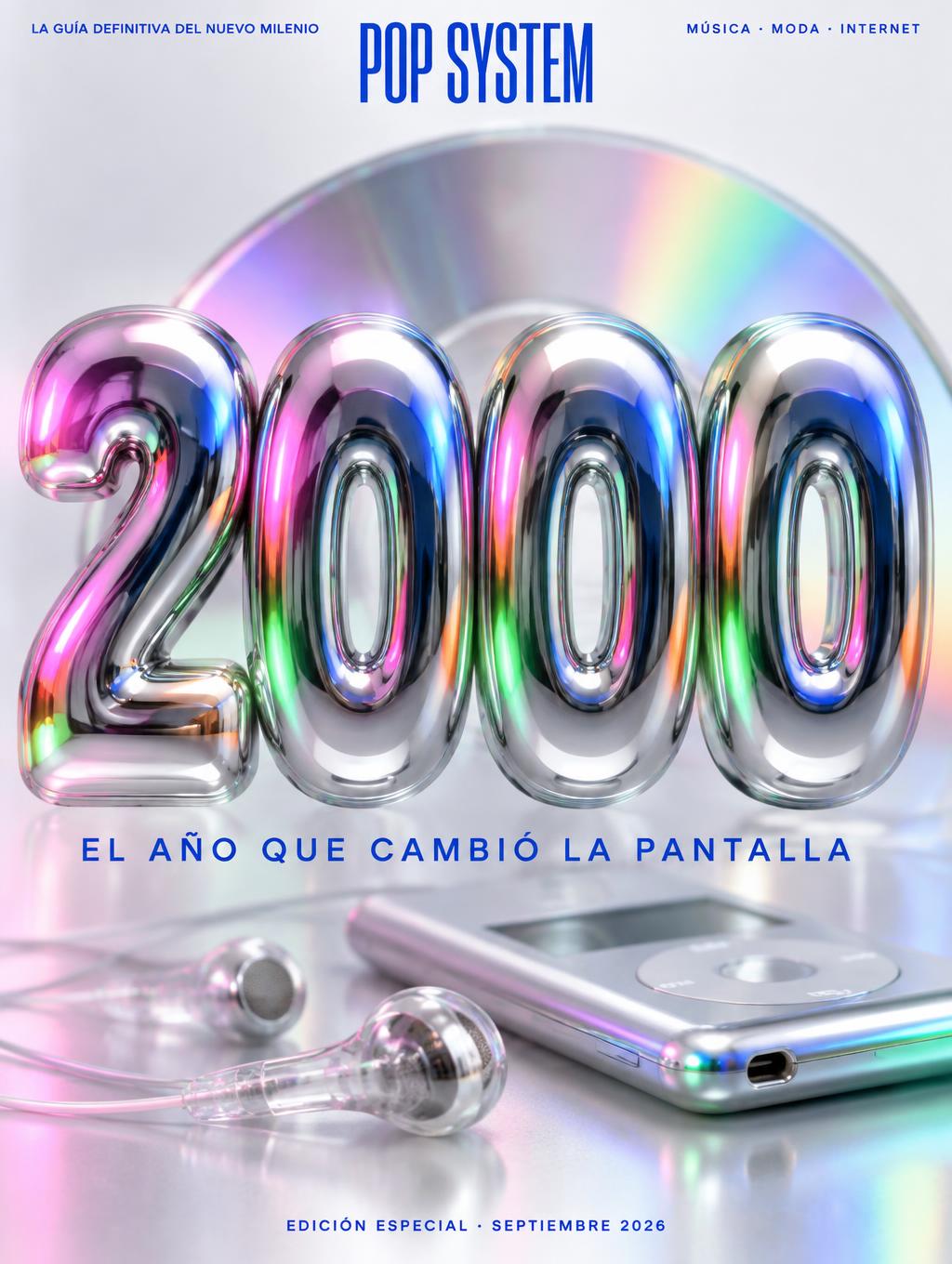 "2000
POP SYSTEM
LA GUÍA DEFINITIVA DEL NUEVO MILENIO
MÚSICA · MODA · INTERNET
EL AÑO QUE CAMBIÓ LA PANTALLA
EDICIÓN ESPECIAL · SEPTIEMBRE 2026" — Y2k Chrome | AI Text Effect Generator