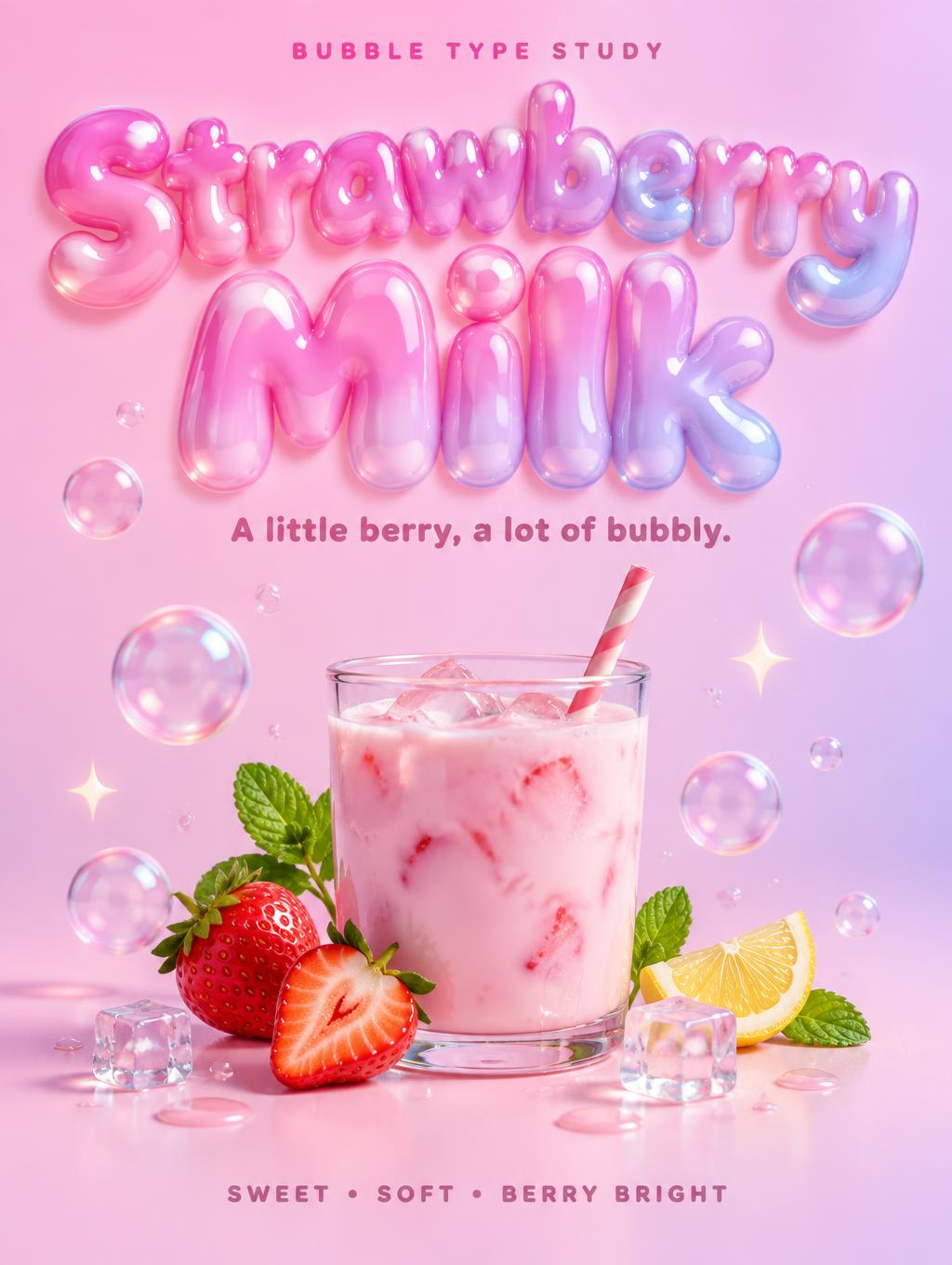 Strawberry Milk
BUBBLE TYPE STUDY
A little berry, a lot of bubbly.
SWEET • SOFT • BERRY BRIGHT