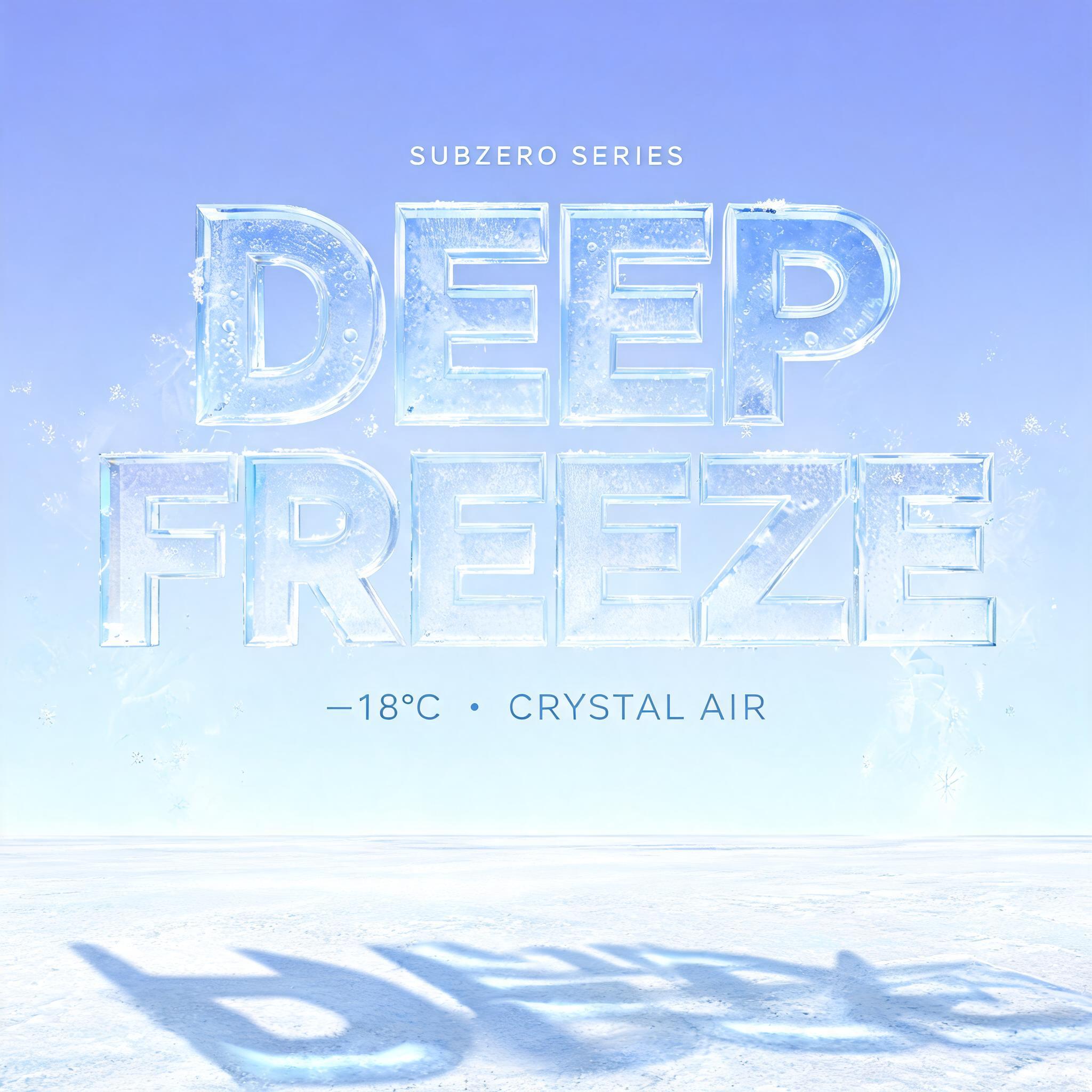 "DEEP FREEZE
SUBZERO SERIES
−18°C  •  CRYSTAL AIR" — Glass | AI Text Effect Generator