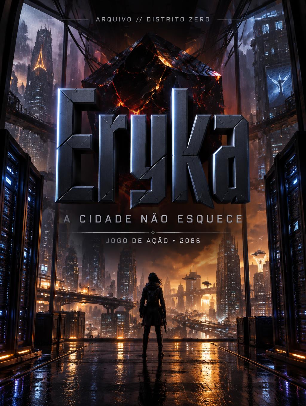 "Eryka
A CIDADE NÃO ESQUECE
JOGO DE AÇÃO • 2086
ARQUIVO // DISTRITO ZERO" — Cyberpunk 2077 | AI Text Effect Generator