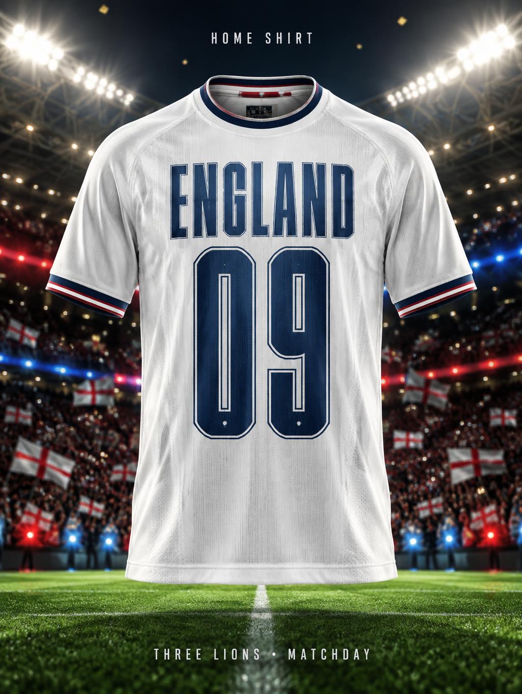 "ENGLAND
09
HOME SHIRT
THREE LIONS • MATCHDAY" — Sports Football | AI Text Effect Generator
