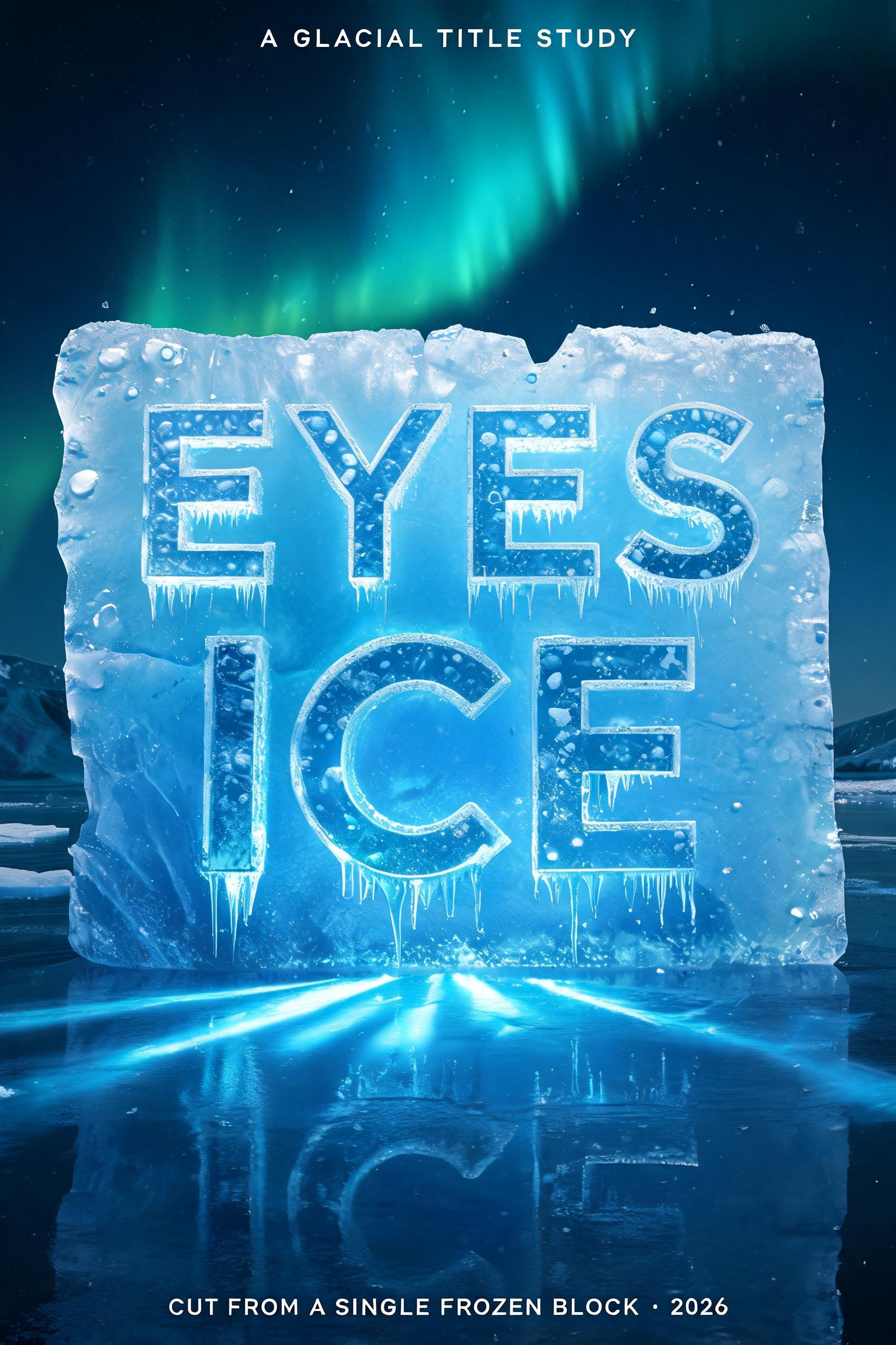 "EYES
ON ICE
A GLACIAL TITLE STUDY
CUT FROM A SINGLE FROZEN BLOCK · 2026" — Glass Frozen text effect