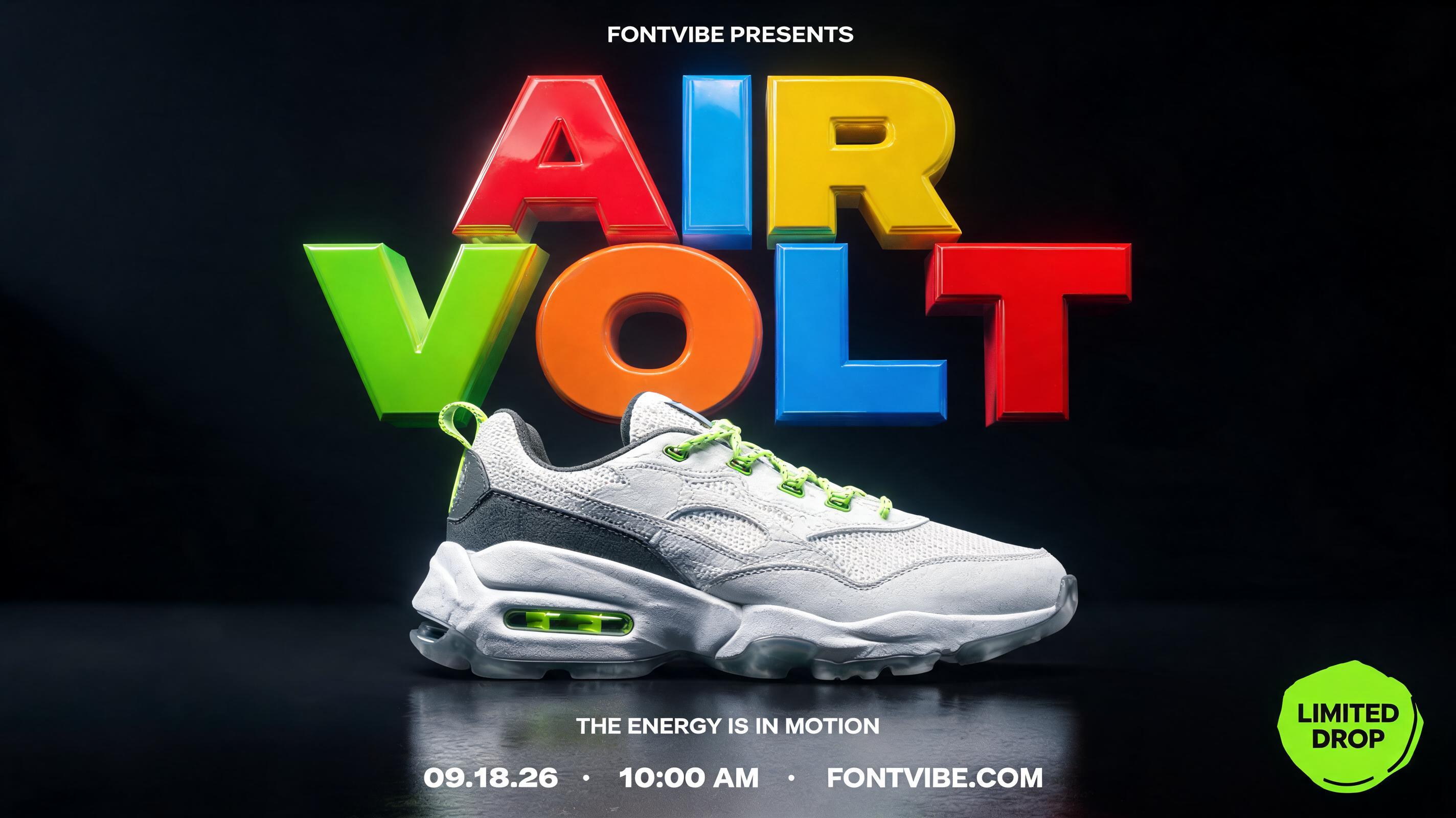 "AIR
VOLT
FONTVIBE PRESENTS
THE ENERGY IS IN MOTION
09.18.26  •  10:00 AM  •  FONTVIBE.COM
LIMITED DROP" — 3d Bold text effect