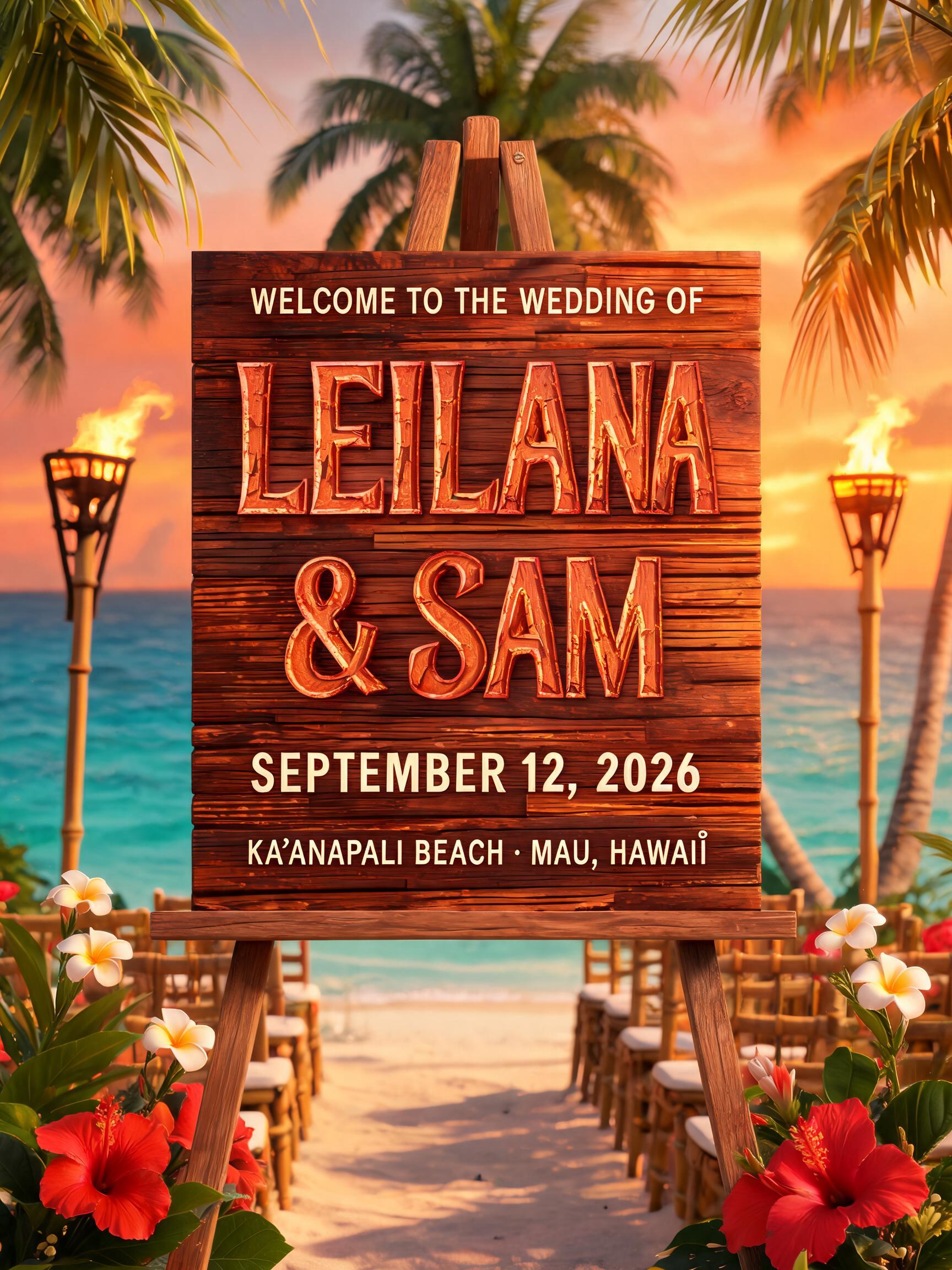 "WELCOME TO THE WEDDING OF
LEILANI
& SAM
SEPTEMBER 12, 2026
KAʻANAPALI BEACH · MAUI, HAWAIʻI" — Hawaiian text effect