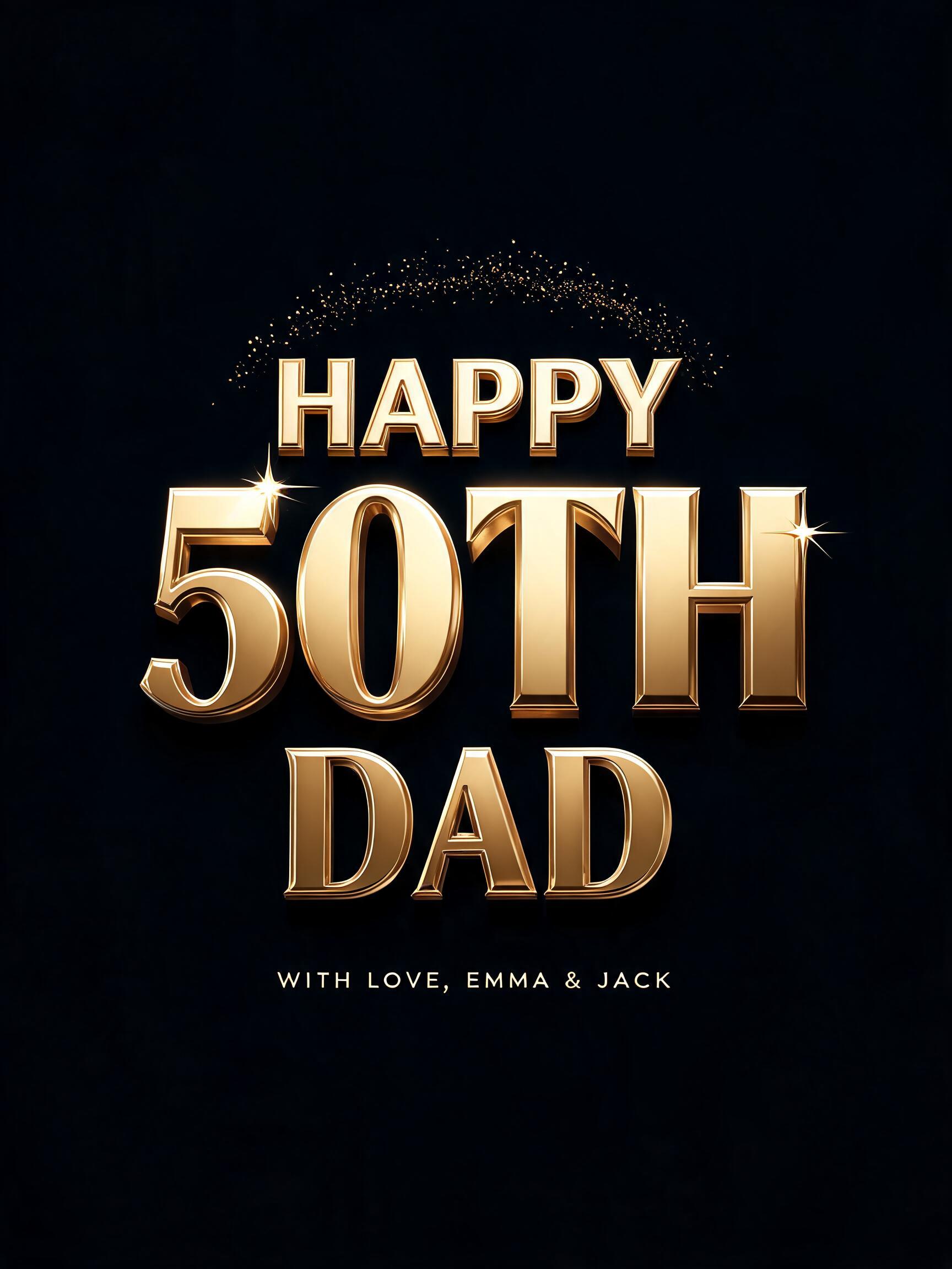 "HAPPY
50TH
DAD
WITH LOVE, EMMA & JACK" — 3d Bold Gold | AI Text Effect Generator