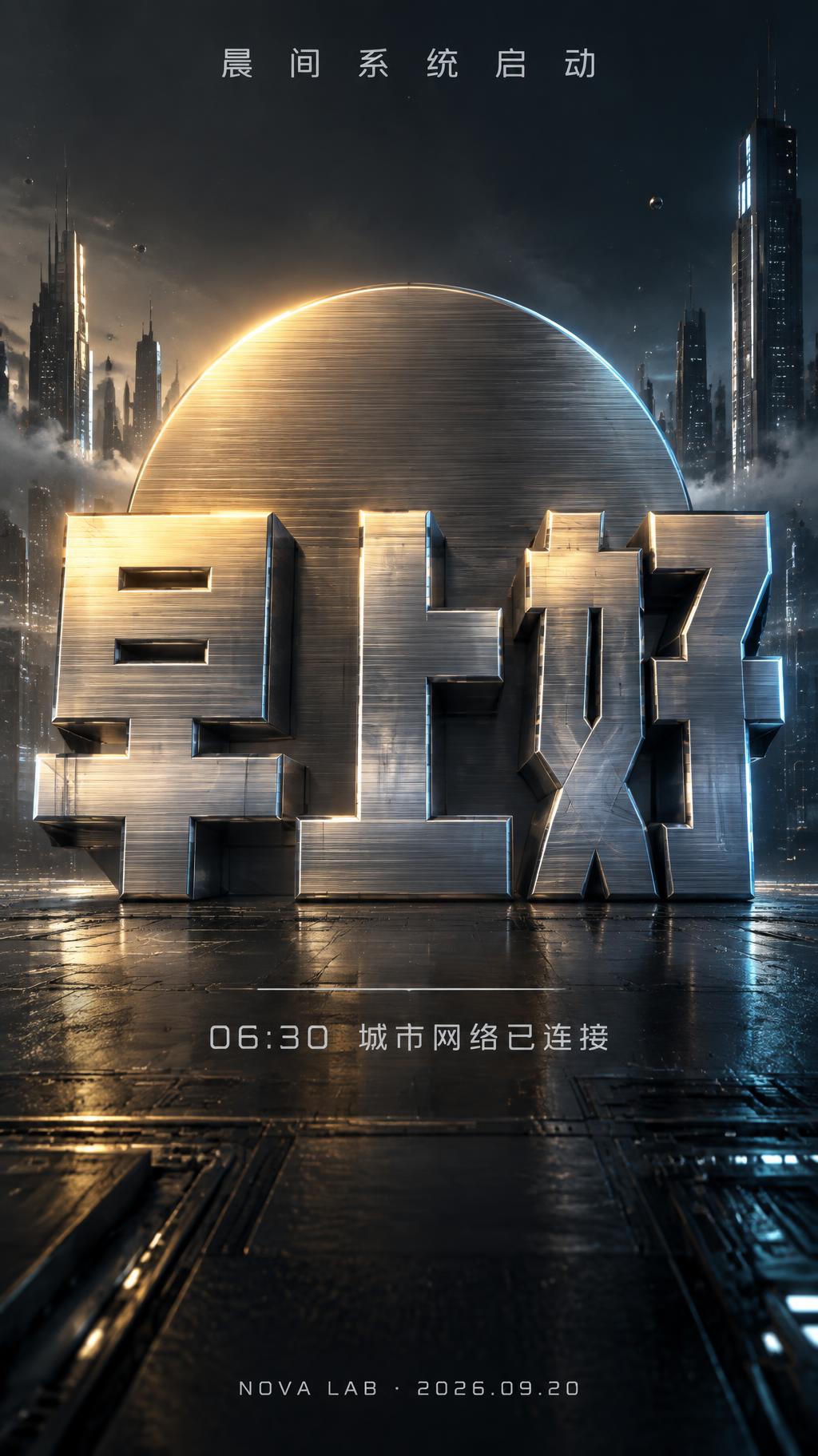 "早上好
晨间系统启动
06:30  城市网络已连接
NOVA LAB · 2026.09.20" — Metallic | AI Text Effect Generator