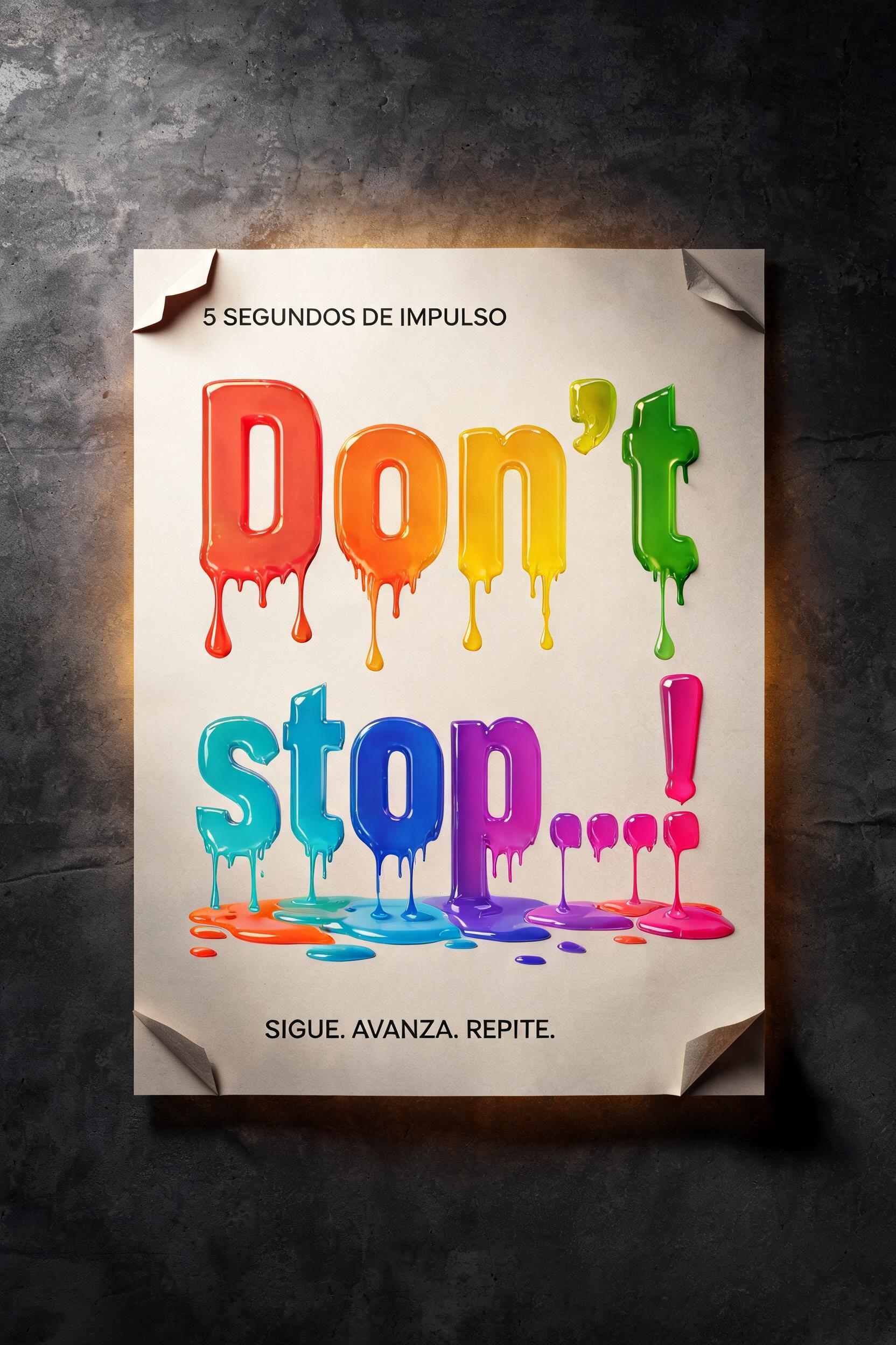 "Don´t stop …!
5 SEGUNDOS DE IMPULSO
SIGUE. AVANZA. REPITE." — Drip Font Melting text effect
