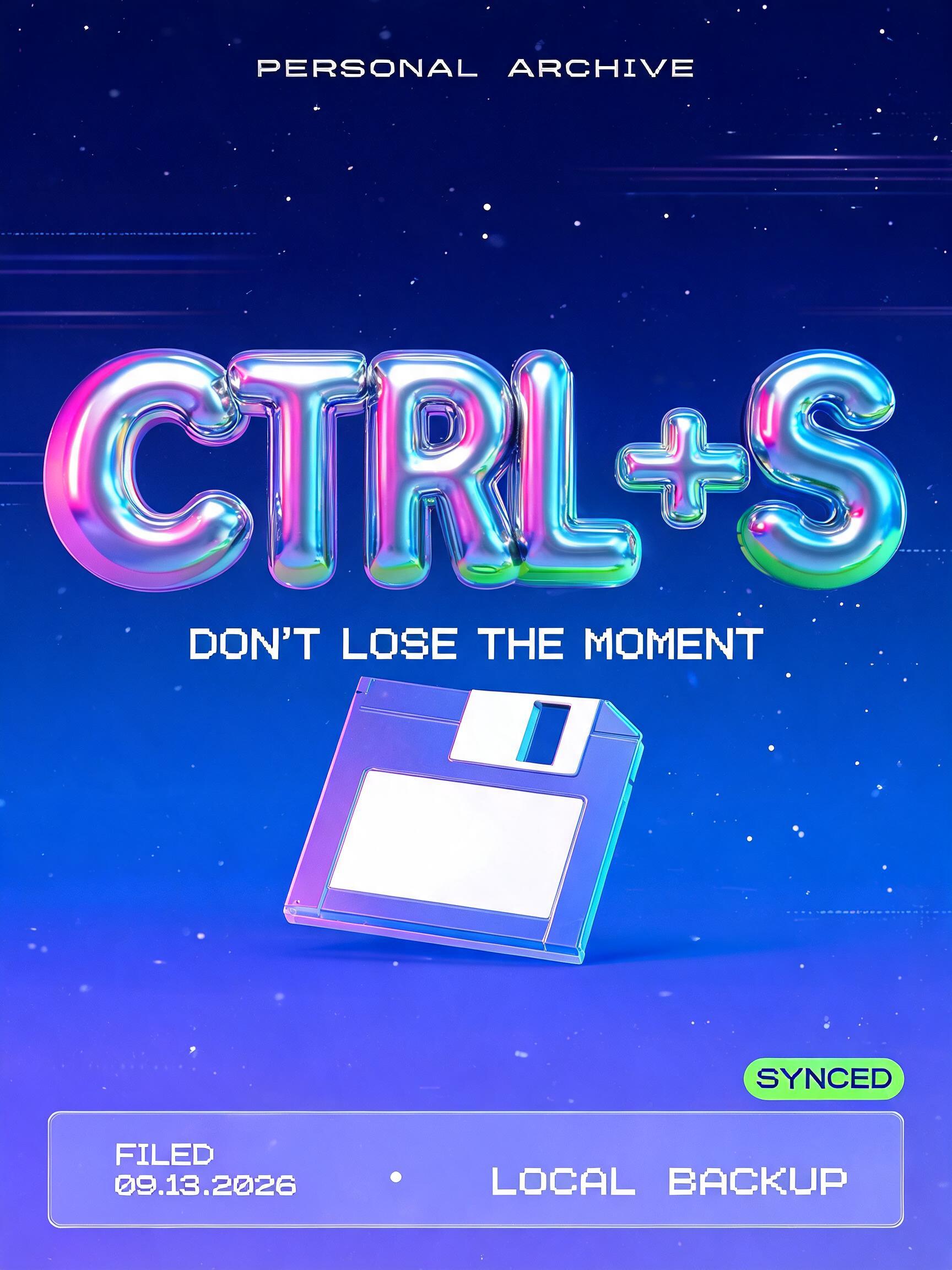 "CTRL+S
PERSONAL ARCHIVE
DON’T LOSE THE MOMENT
FILED 09.13.2026  •  LOCAL BACKUP
SYNCED" — Y2k | AI Text Effect Generator