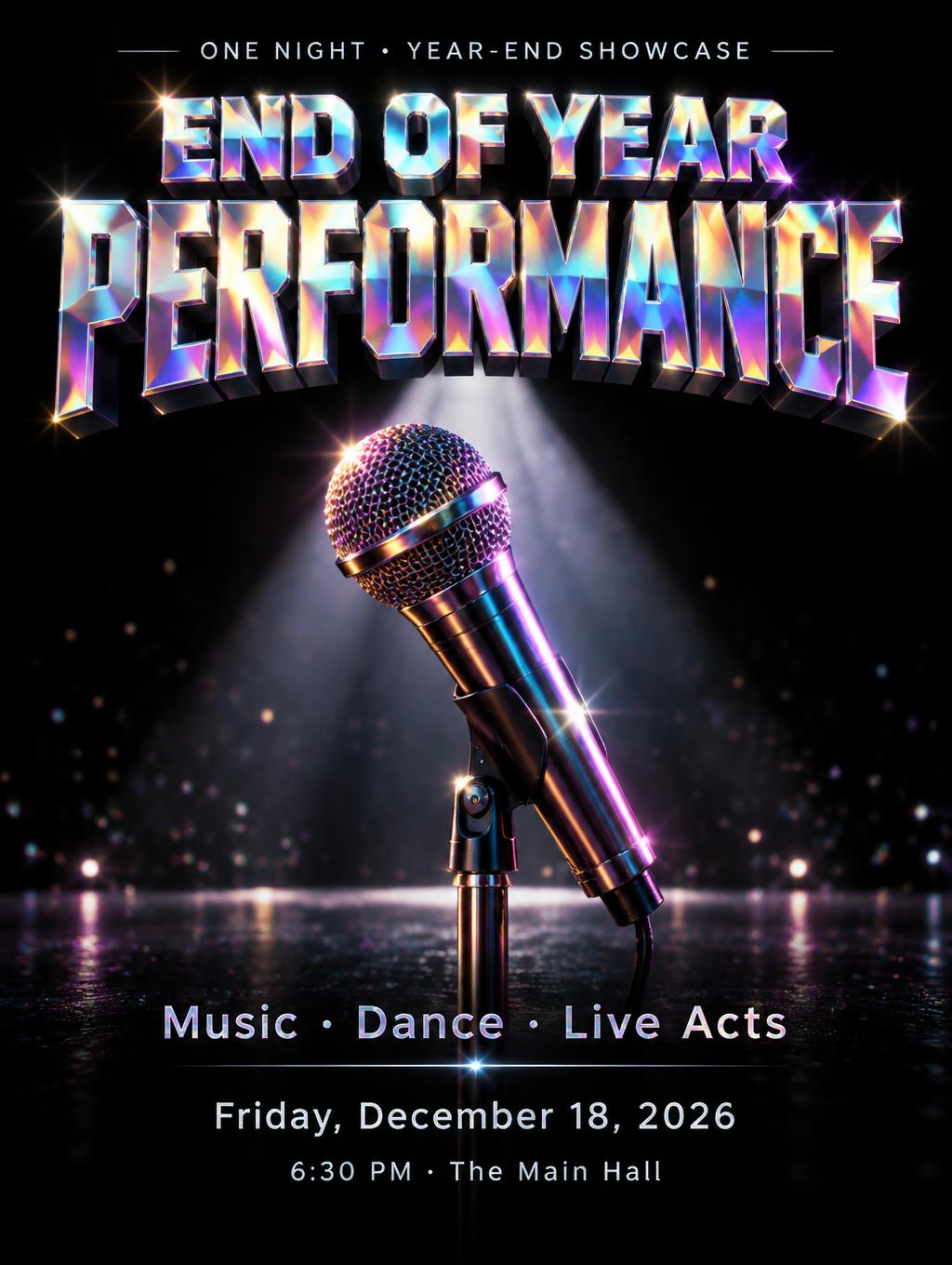 "END OF YEAR PERFORMANCE
ONE NIGHT • YEAR-END SHOWCASE
Music · Dance · Live Acts
Friday, December 18, 2026
6:30 PM · The Main Hall" — 3d Bold Holographic text effect