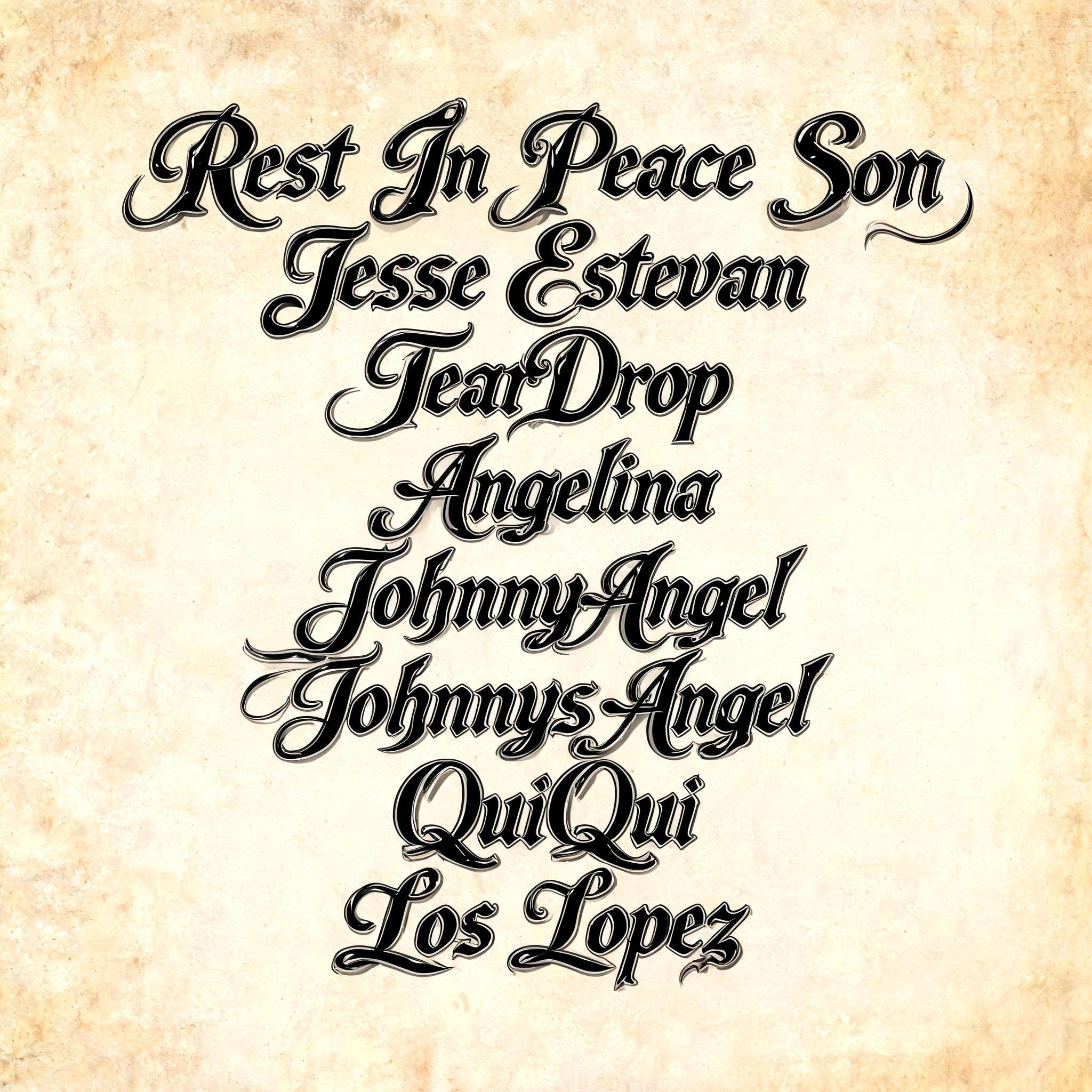 "Rest In Peace Son

Jesse Estevan

TearDrop

Angelina

JohnnyAngel 

JohnnysAngel

QuiQui

Los Lopez" — Chicano | AI Text Effect Generator