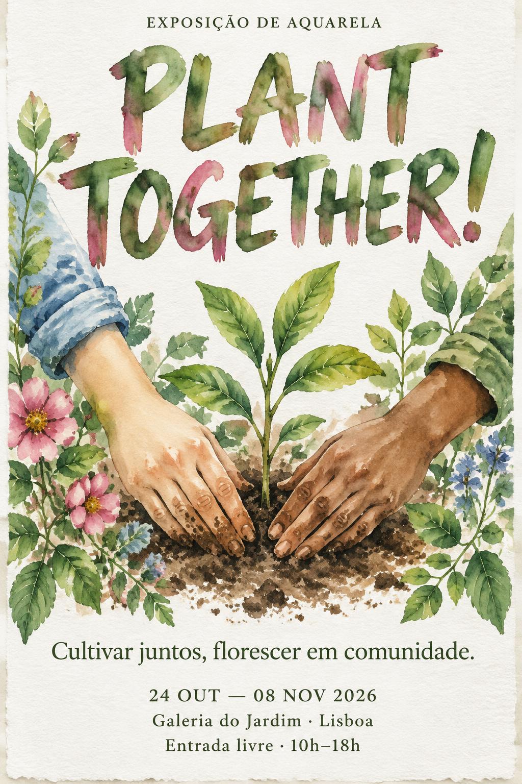 "PLANT TOGETHER!
EXPOSIÇÃO DE AQUARELA
Cultivar juntos, florescer em comunidade.
24 OUT — 08 NOV 2026
Galeria do Jardim · Lisboa
Entrada livre · 10h–18h" — Watercolor text effect