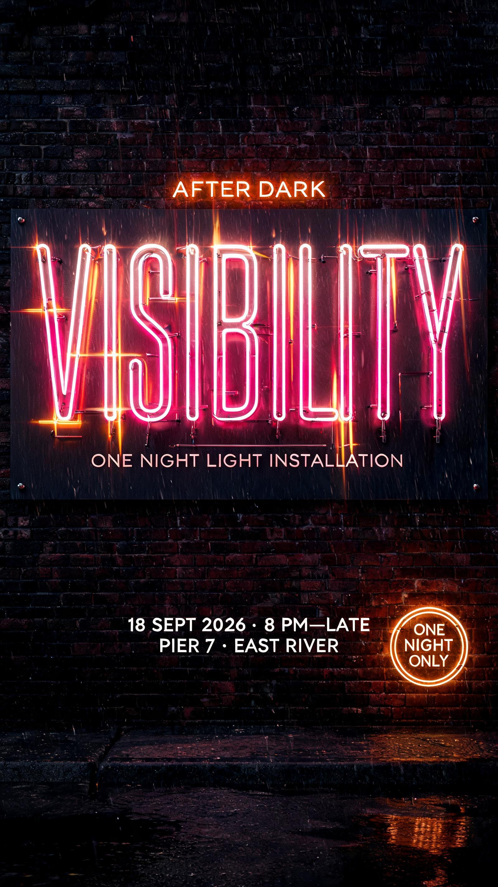 "VISIBILITY
AFTER DARK
ONE NIGHT LIGHT INSTALLATION
18 SEPT 2026 · 8 PM—LATE
PIER 7 · EAST RIVER
ONE NIGHT ONLY" — Neon Sign | AI Text Effect Generator