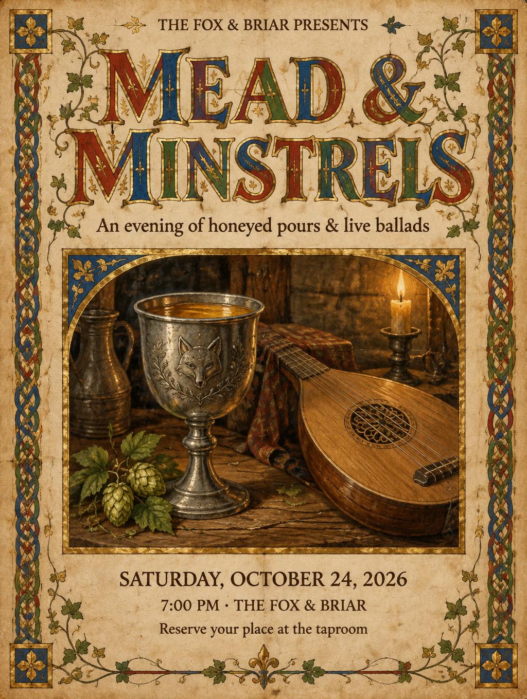 "MEAD & MINSTRELS
THE FOX & BRIAR PRESENTS
An evening of honeyed pours & live ballads
SATURDAY, OCTOBER 24, 2026
7:00 PM · THE FOX & BRIAR
Reserve your place at the taproom" — Medieval | AI Text Effect Generator