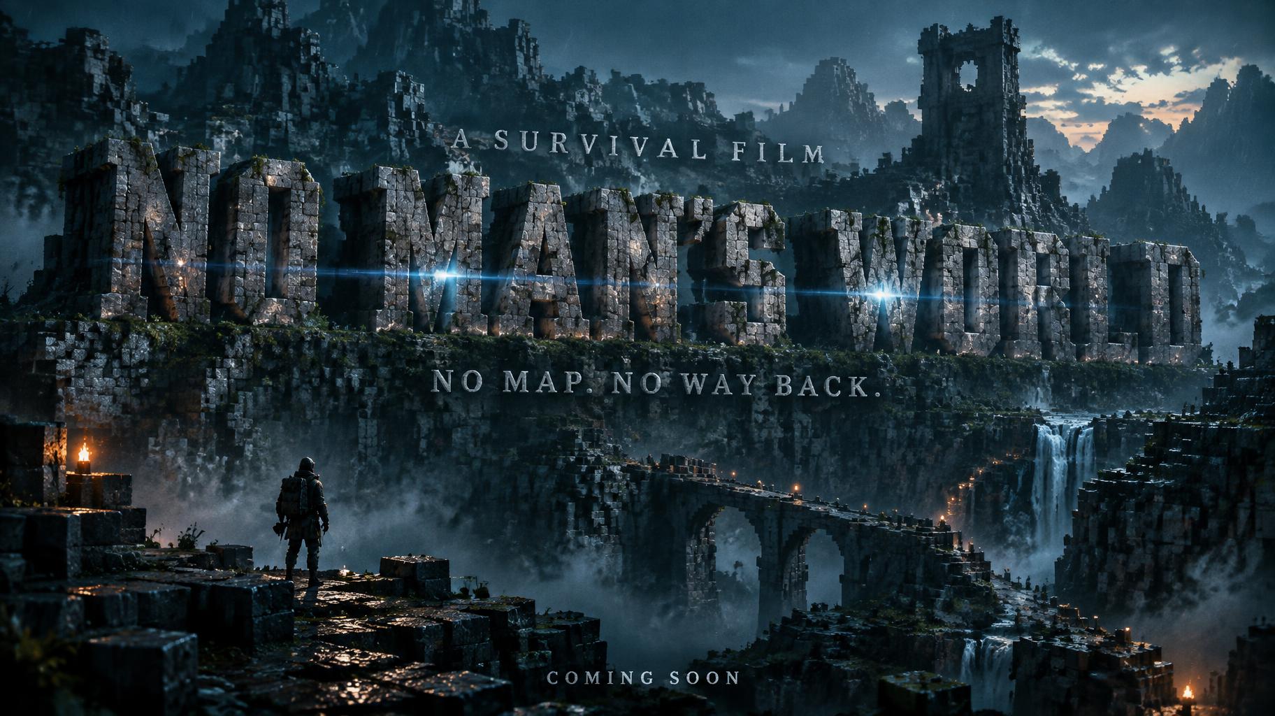 "NO MAN'S WORLD
NO MAP. NO WAY BACK.
A SURVIVAL FILM
COMING SOON" — Cinematic Netflix | AI Text Effect Generator