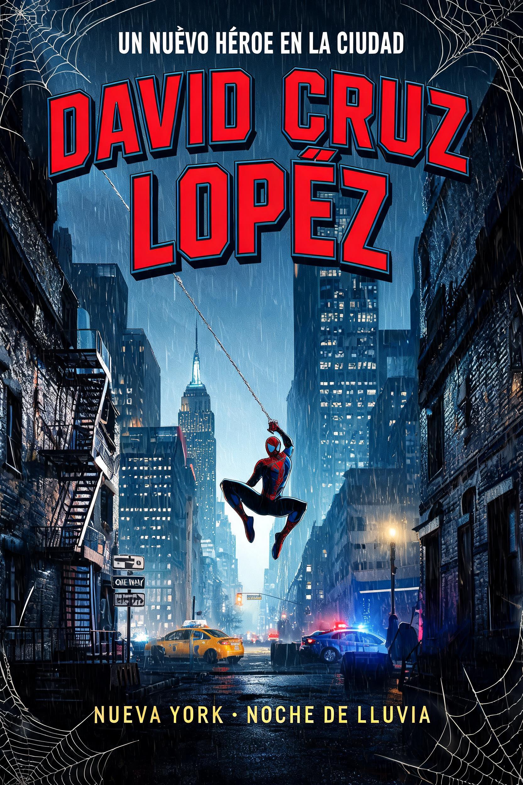 "DAVID CRUZ
LOPÉZ
UN NUEVO HÉROE EN LA CIUDAD
NUEVA YORK · NOCHE DE LLUVIA" — Spider Hero | AI Text Effect Generator