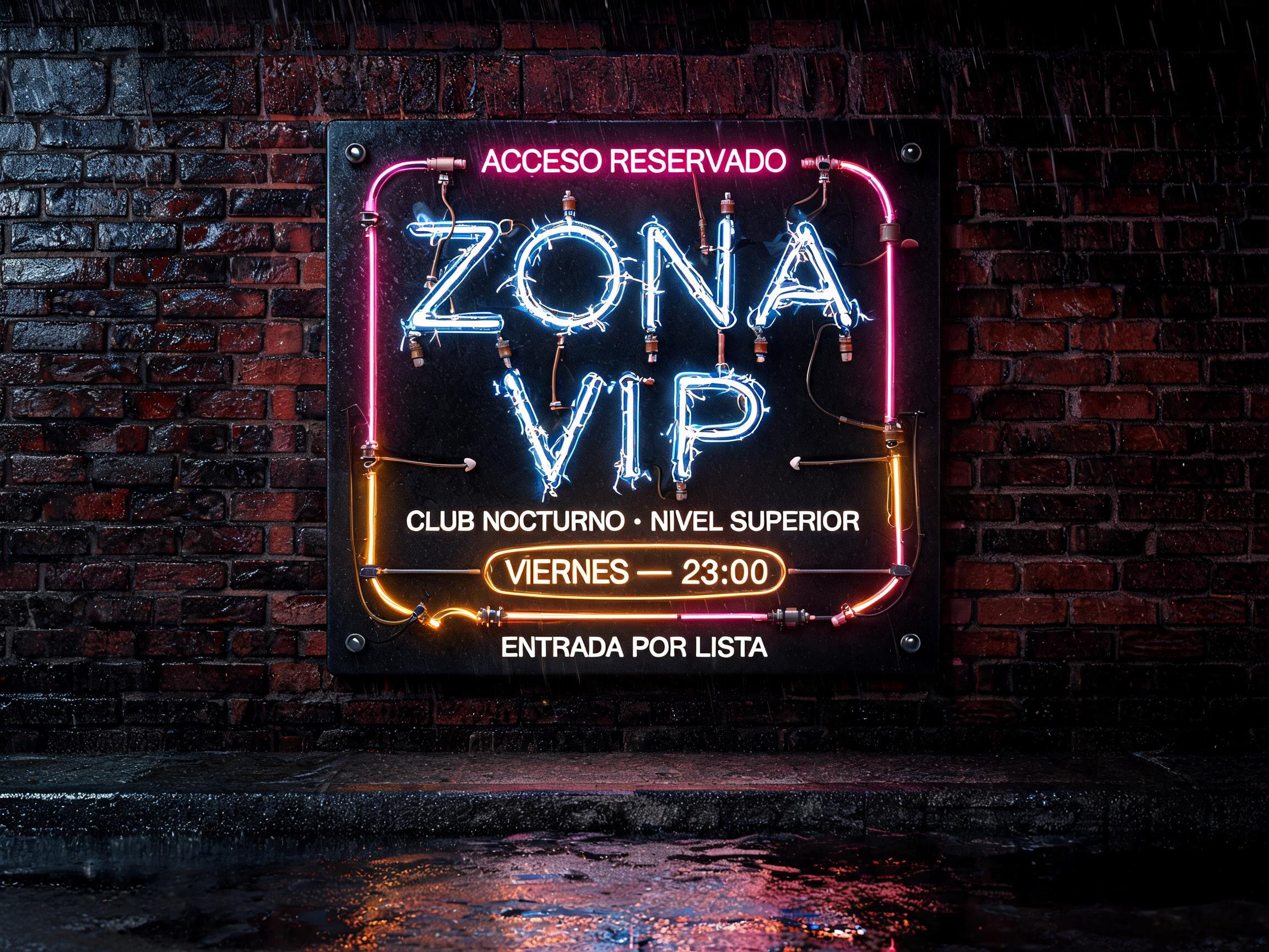 "ZONA
VIP
ACCESO RESERVADO
CLUB NOCTURNO · NIVEL SUPERIOR
VIERNES — 23:00
ENTRADA POR LISTA" — Neon Sign | AI Text Effect Generator