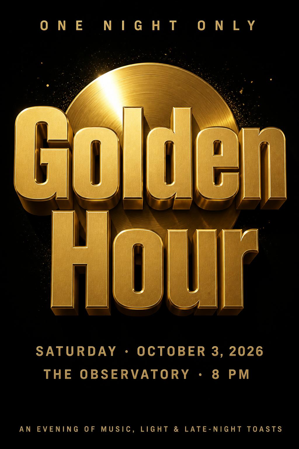 "Golden
Hour
ONE NIGHT ONLY
SATURDAY · OCTOBER 3, 2026
THE OBSERVATORY · 8 PM
AN EVENING OF MUSIC, LIGHT & LATE-NIGHT TOASTS" — 3d Bold Gold | AI Text Effect Generator