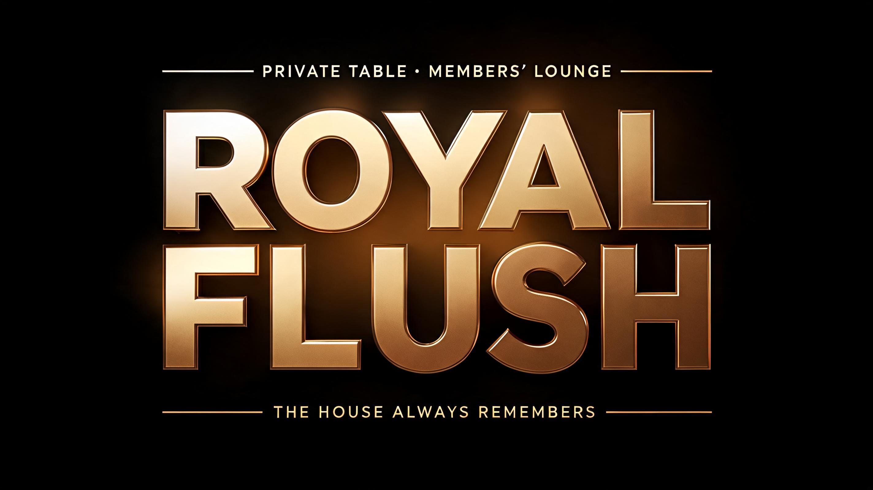 "ROYAL FLUSH
PRIVATE TABLE • MEMBERS’ LOUNGE
THE HOUSE ALWAYS REMEMBERS" — 3d Bold Gold | AI Text Effect Generator