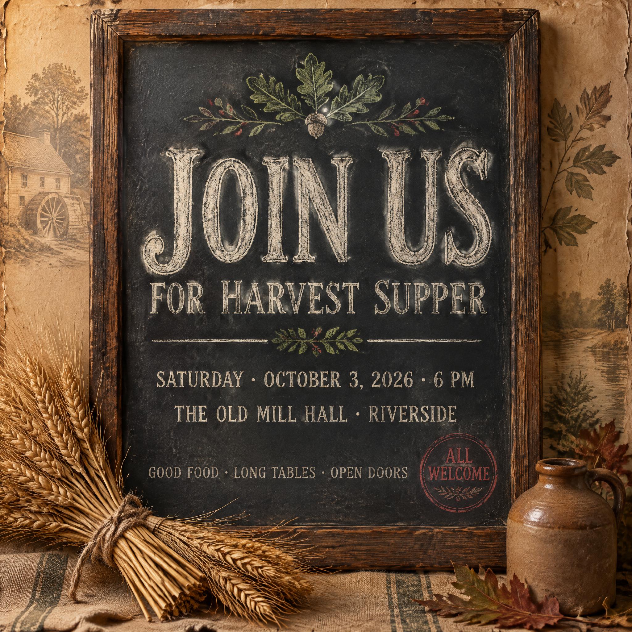 "JOIN US
FOR HARVEST SUPPER
SATURDAY · OCTOBER 3, 2026 · 6 PM
THE OLD MILL HALL · RIVERSIDE
GOOD FOOD · LONG TABLES · OPEN DOORS
ALL WELCOME" — Vintage | AI Text Effect Generator