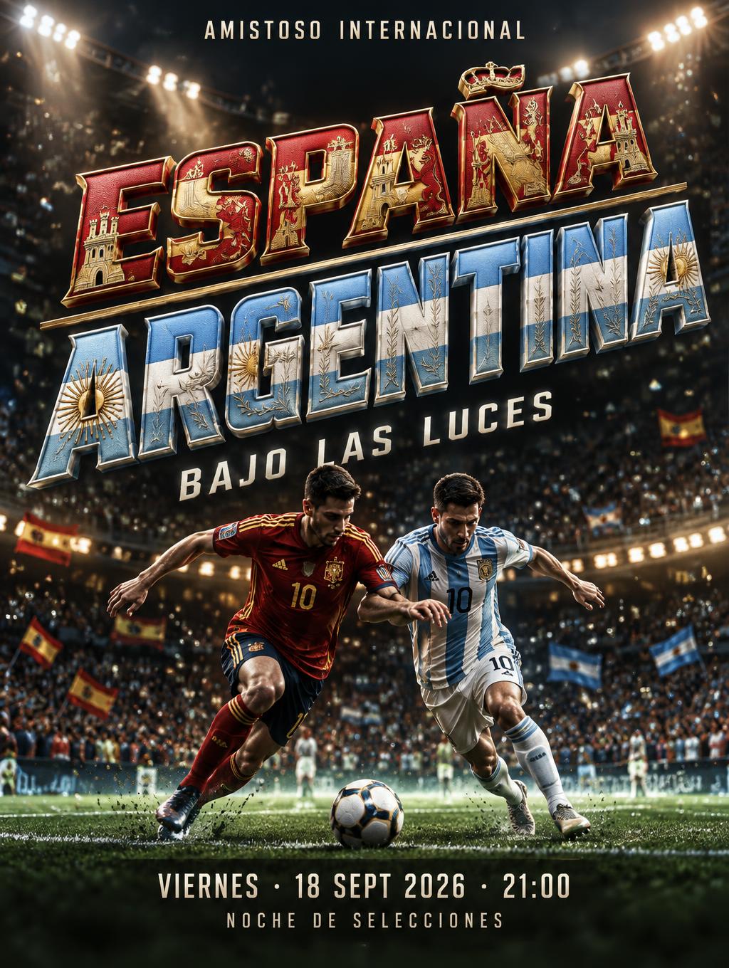 "ESPAÑA
ARGENTINA
AMISTOSO INTERNACIONAL
BAJO LAS LUCES
VIERNES · 18 SEPT 2026 · 21:00
NOCHE DE SELECCIONES" — Sports Football | AI Text Effect Generator