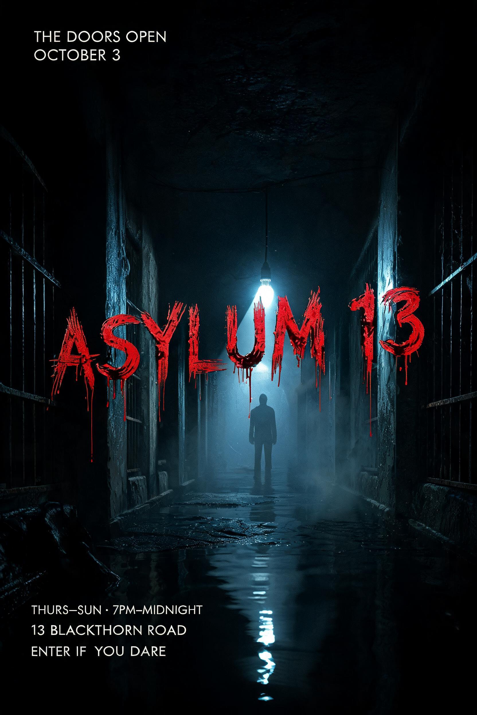 ASYLUM 13
THE DOORS OPEN OCTOBER 3
THURS–SUN · 7PM–MIDNIGHT
13 BLACKTHORN ROAD
ENTER IF YOU DARE