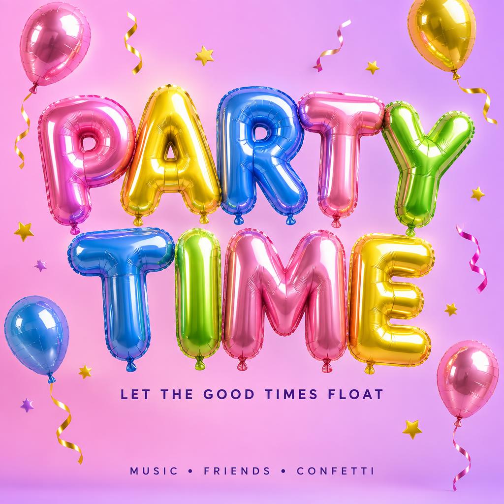 "PARTY TIME
LET THE GOOD TIMES FLOAT
MUSIC • FRIENDS • CONFETTI" — Y2k Bubbly | AI Text Effect Generator
