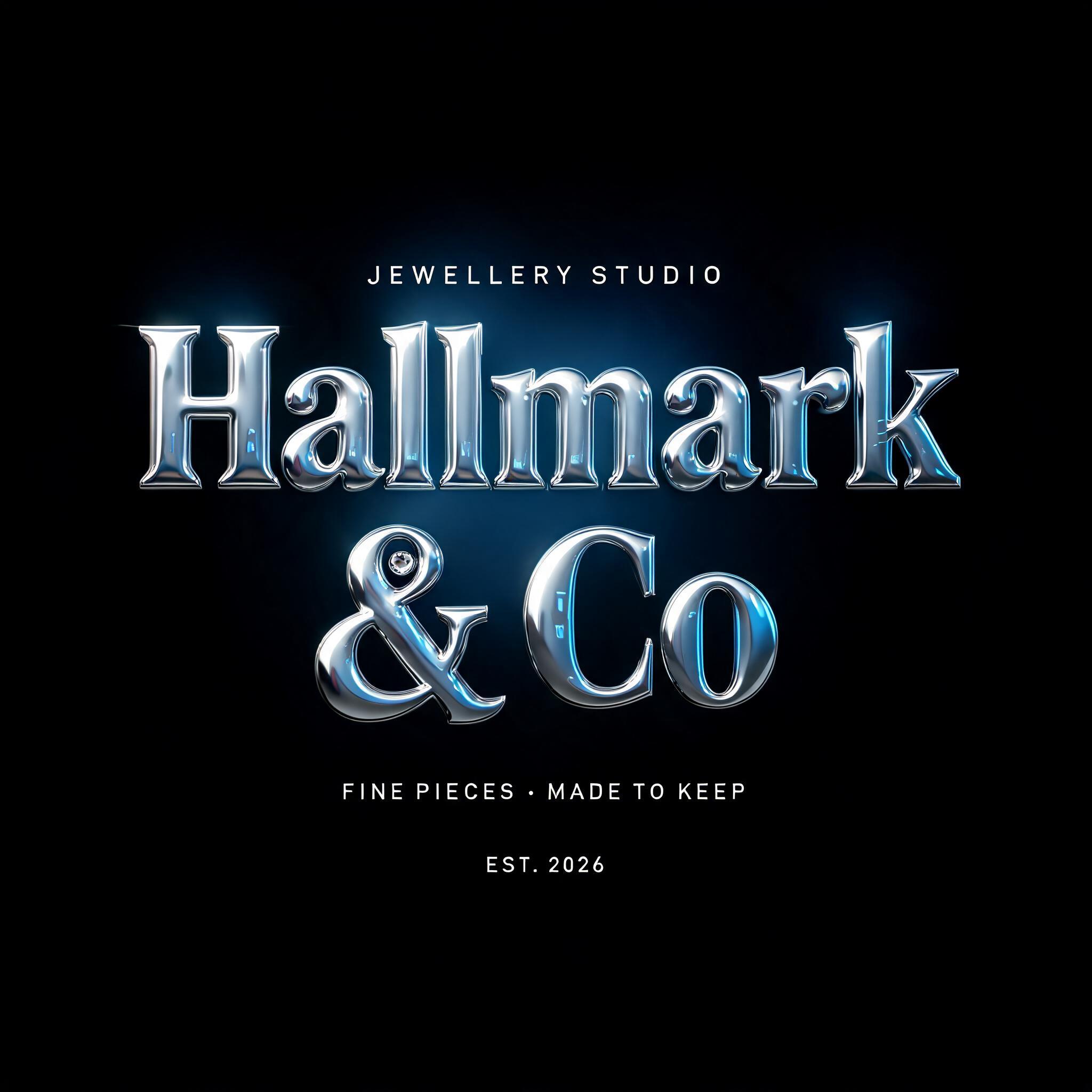 "Hallmark & Co
JEWELLERY STUDIO
FINE PIECES · MADE TO KEEP
EST. 2026" — Chrome Metal 3d | AI Text Effect Generator