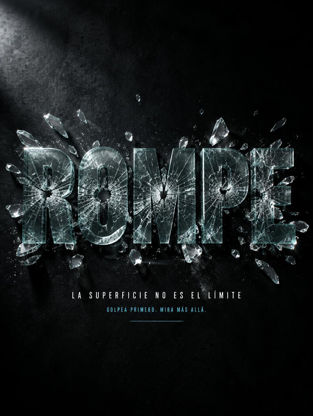 "ROMPE
LA SUPERFICIE NO ES EL LÍMITE
GOLPEA PRIMERO. MIRA MÁS ALLÁ." — Glass Broken | AI Text Effect Generator