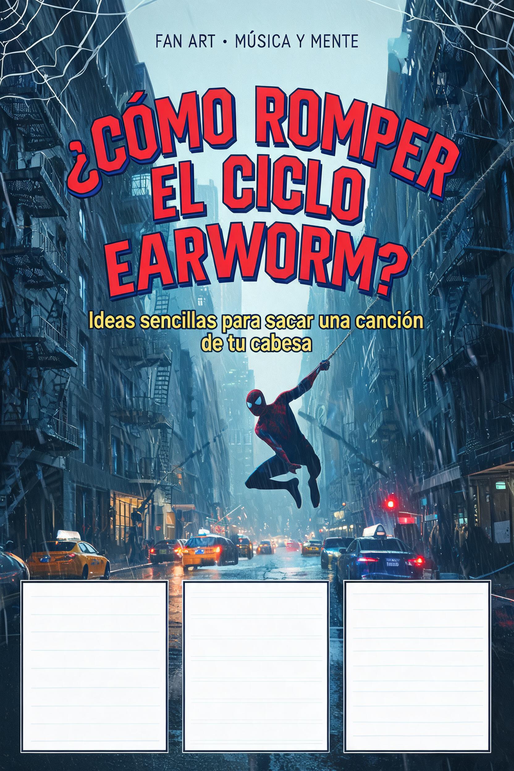 "¿CÓMO ROMPER EL CICLO EARWORM?
Ideas sencillas para sacar una canción de tu cabeza
FAN ART · MÚSICA Y MENTE" — Spider Hero | AI Text Effect Generator