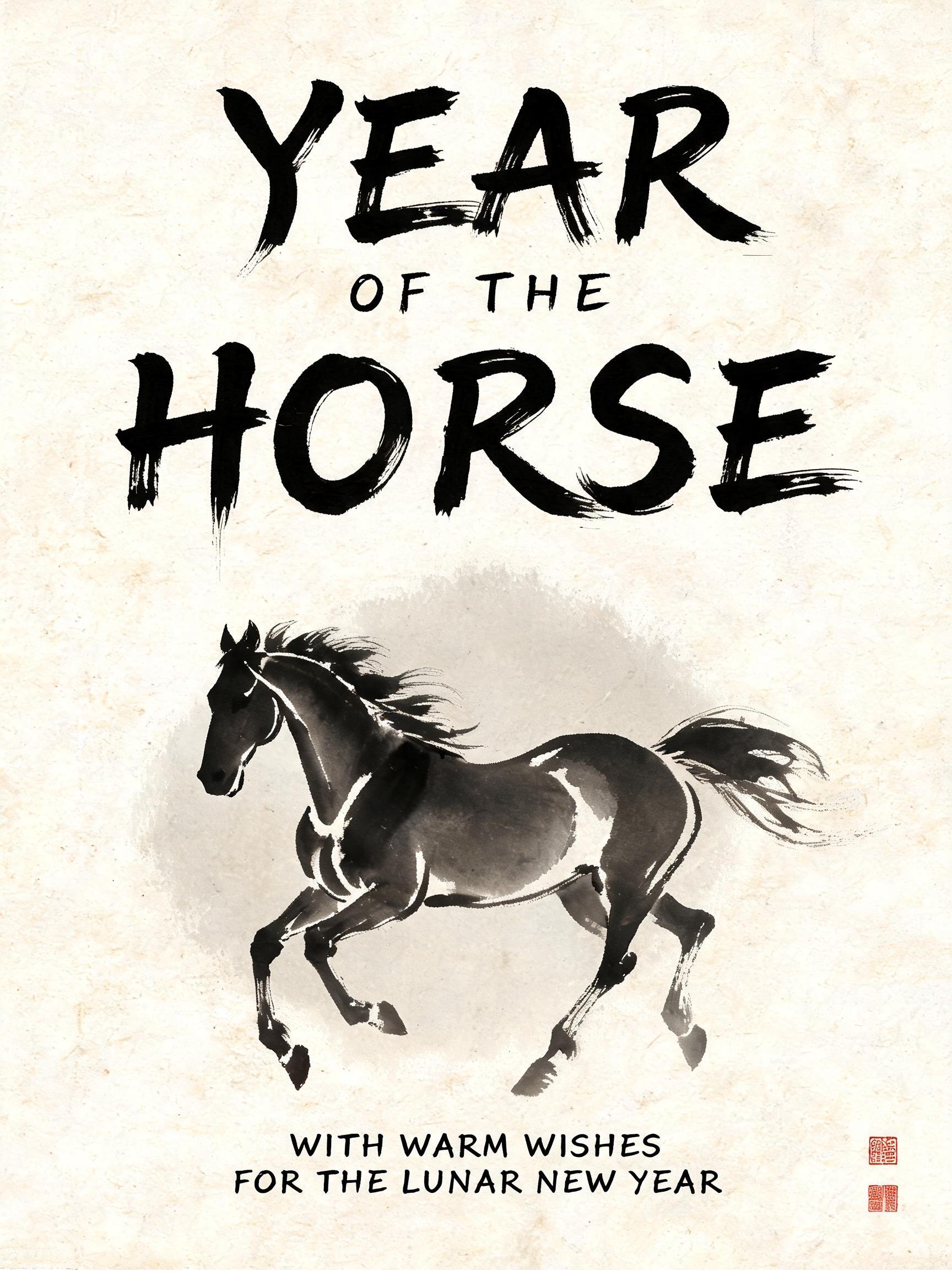 "YEAR
OF THE
HORSE
WITH WARM WISHES FOR THE LUNAR NEW YEAR" — Brush Chinese Ink | AI Text Effect Generator
