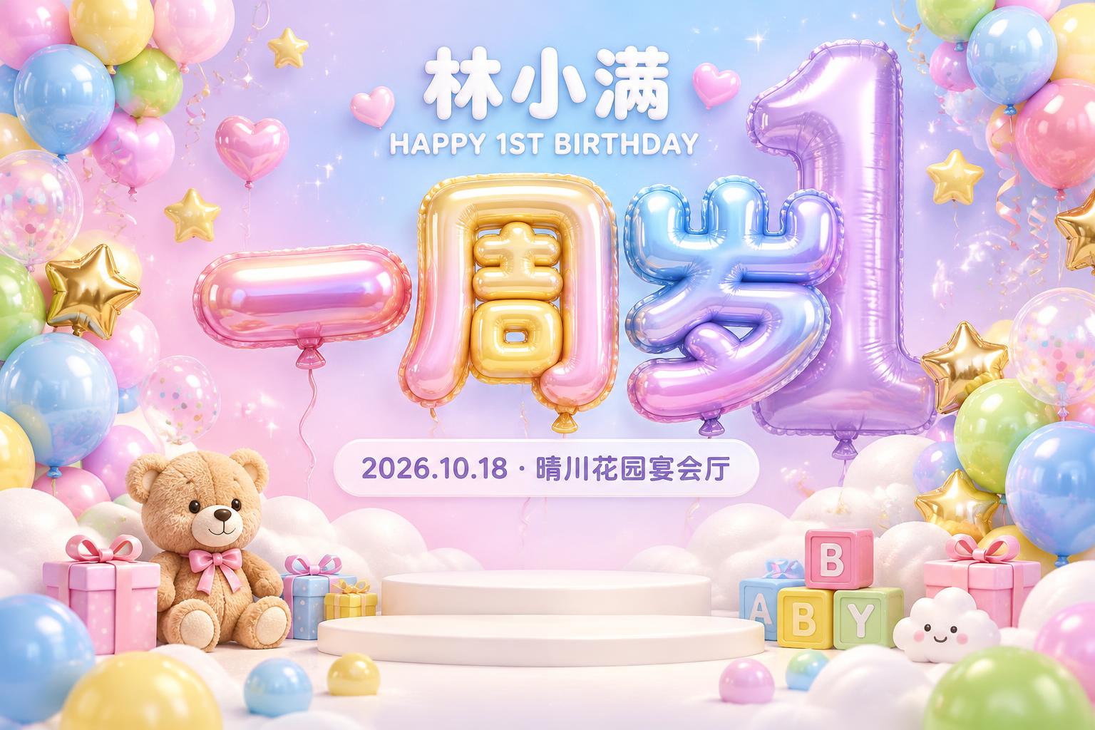 "一周岁
林小满
HAPPY 1ST BIRTHDAY
2026.10.18 · 晴川花园宴会厅" — Y2k Bubbly | AI Text Effect Generator