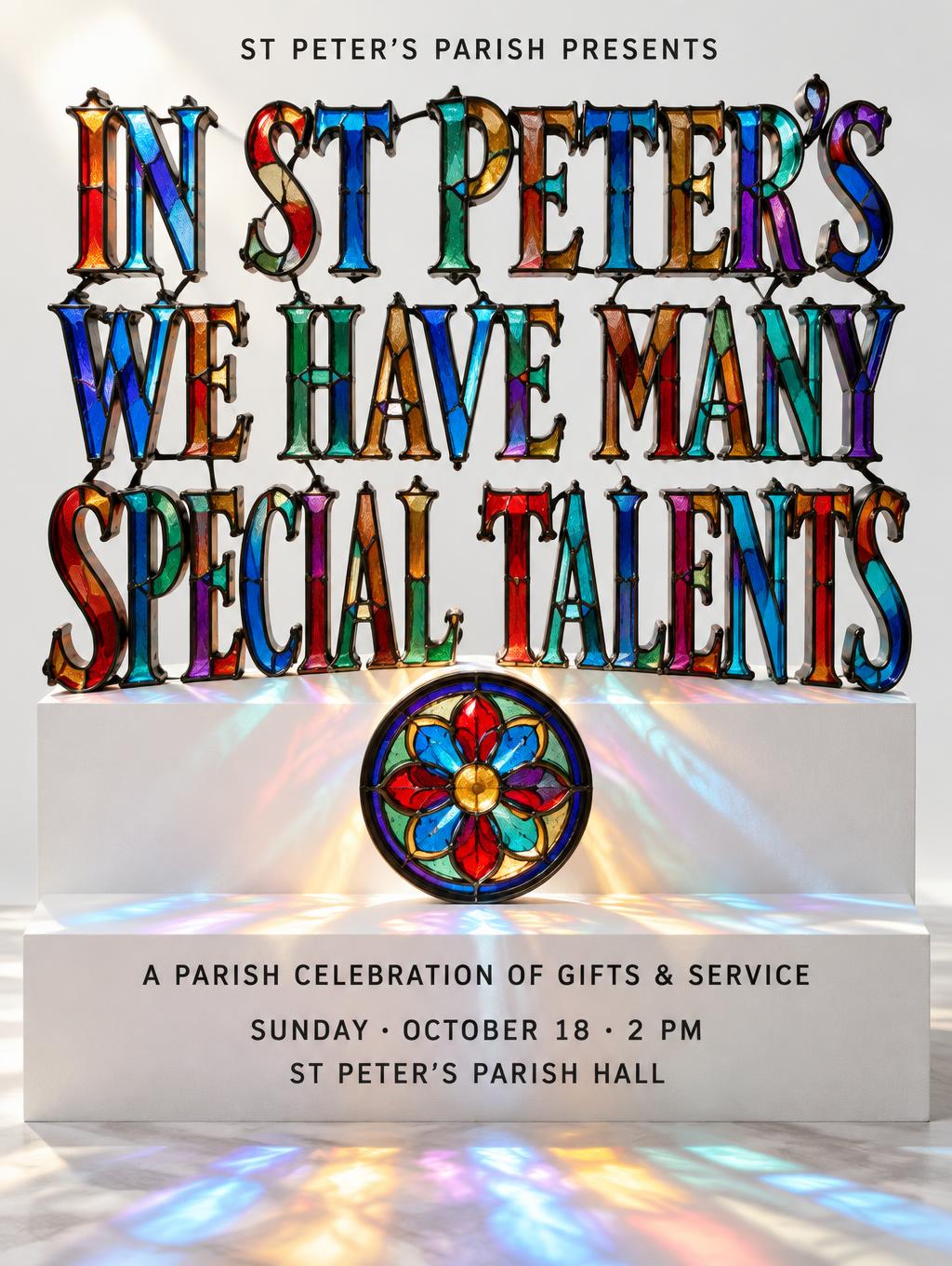 "IN ST PETER'S
WE HAVE MANY
SPECIAL TALENTS
ST PETER'S PARISH PRESENTS
A PARISH CELEBRATION OF GIFTS & SERVICE
SUNDAY · OCTOBER 18 · 2 PM
ST PETER'S PARISH HALL" — Glass Color | AI Text Effect Generator