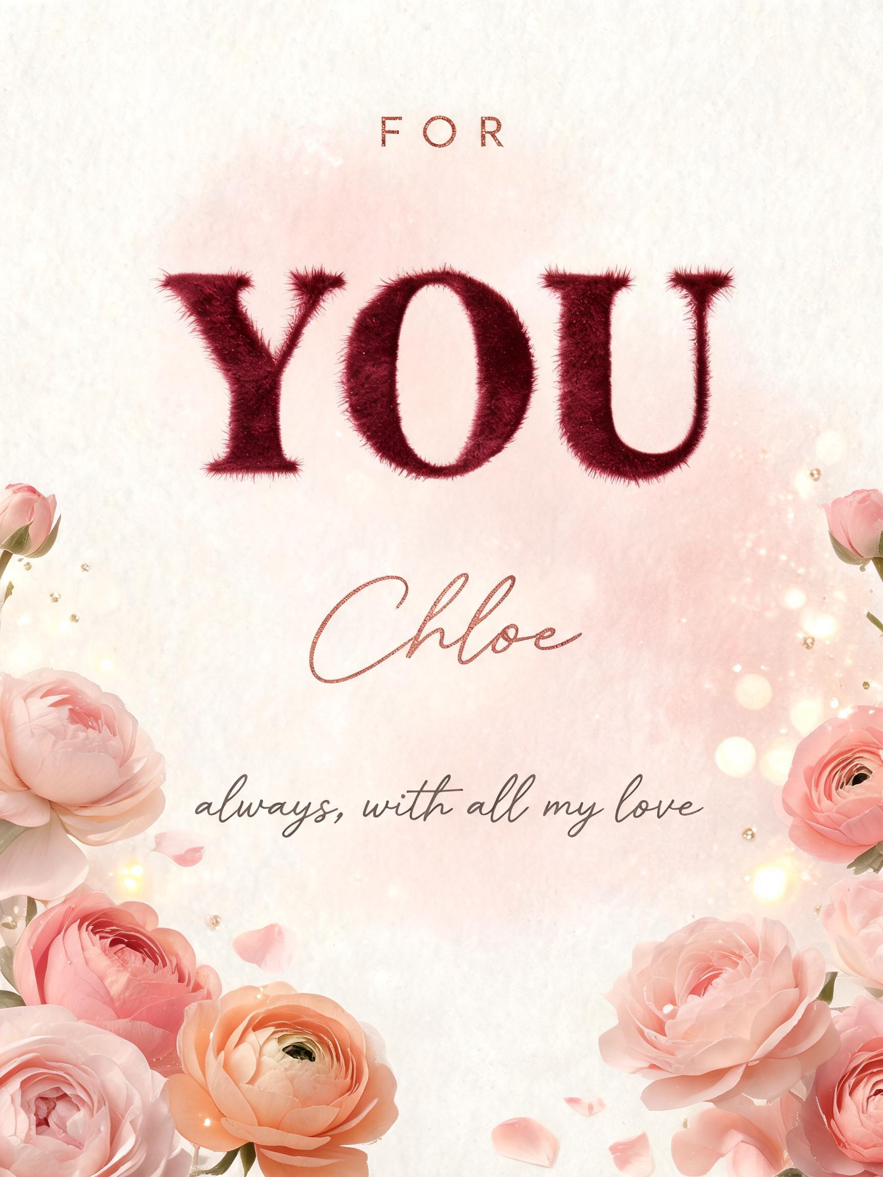 "FOR
YOU
Chloe
always, with all my love" — Romantic Her text effect