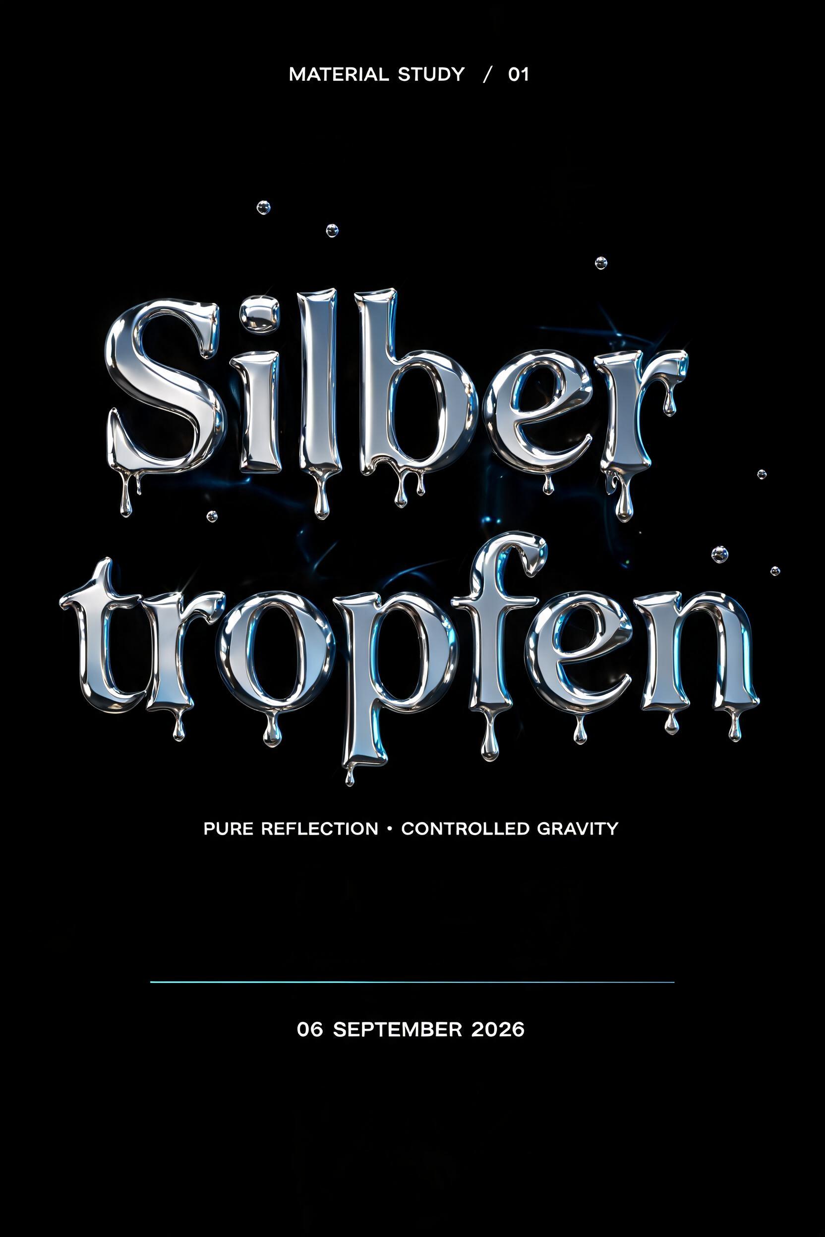 "Silber
tropfen
MATERIAL STUDY  /  01
PURE REFLECTION · CONTROLLED GRAVITY
06 SEPTEMBER 2026" — Chrome Metal 3d | AI Text Effect Generator