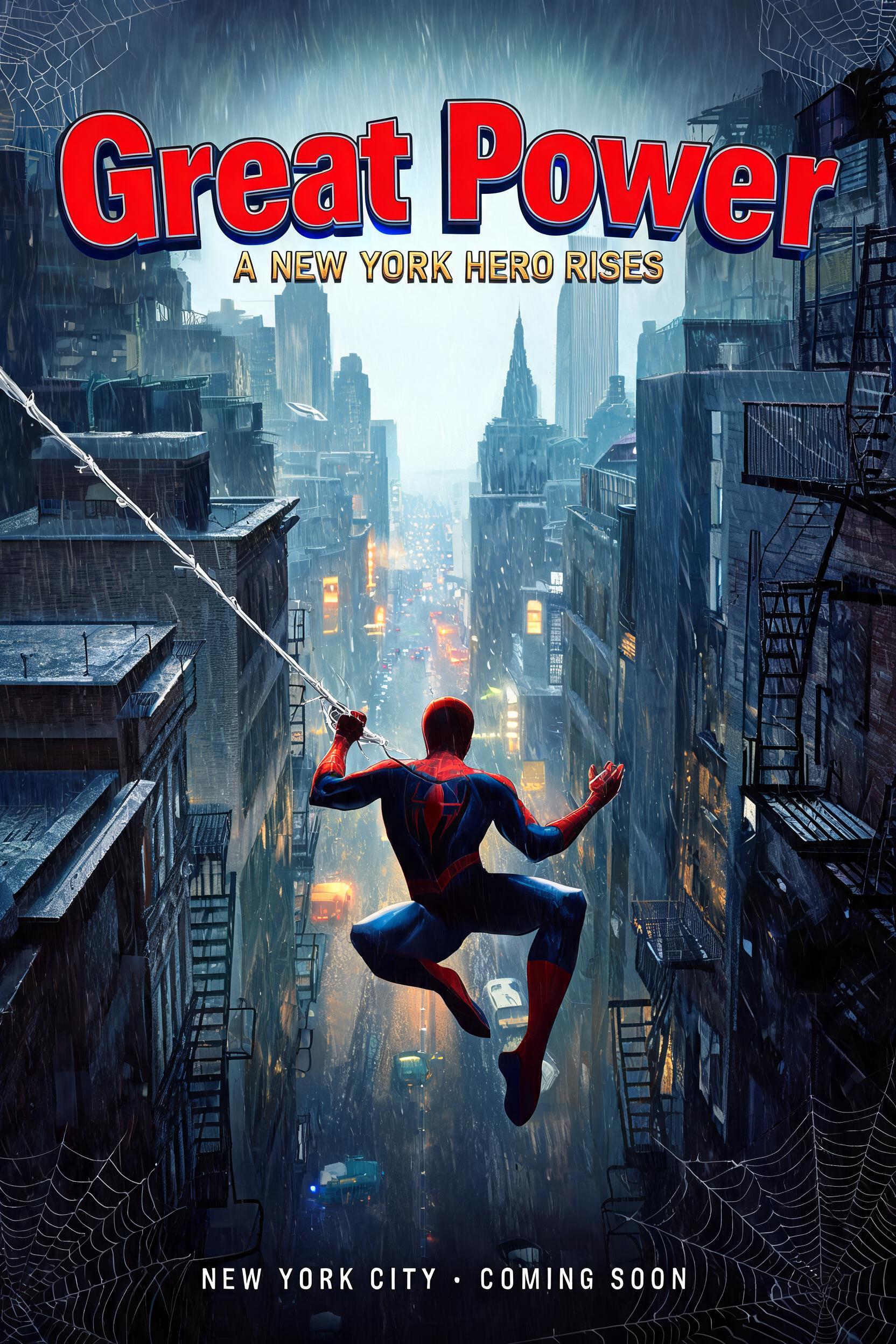"Great Power
A NEW YORK HERO RISES
NEW YORK CITY · COMING SOON" — Spider Hero | AI Text Effect Generator